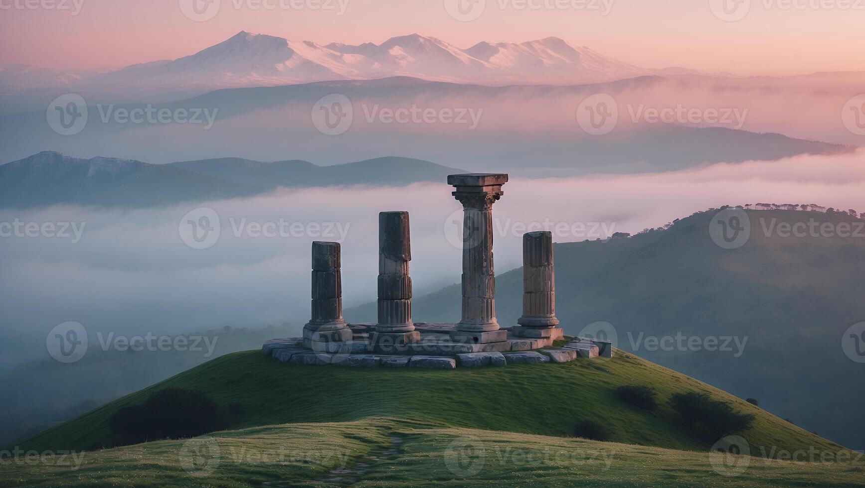 Ancient Columns Stand on Green Hill with Distant Mountain View photo