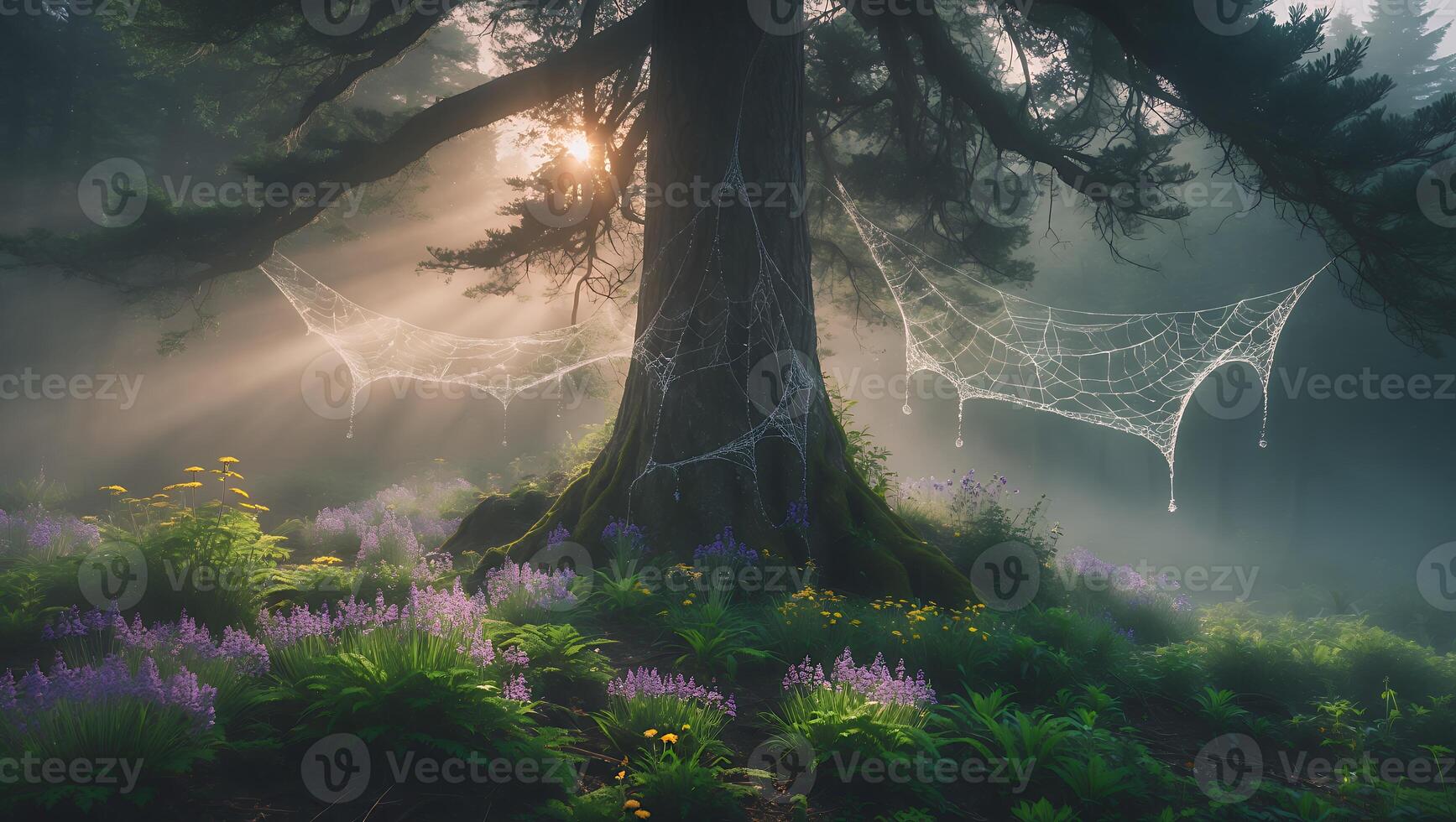 Tree with Cobwebs and Dewdrops in a Misty Forest Glade photo