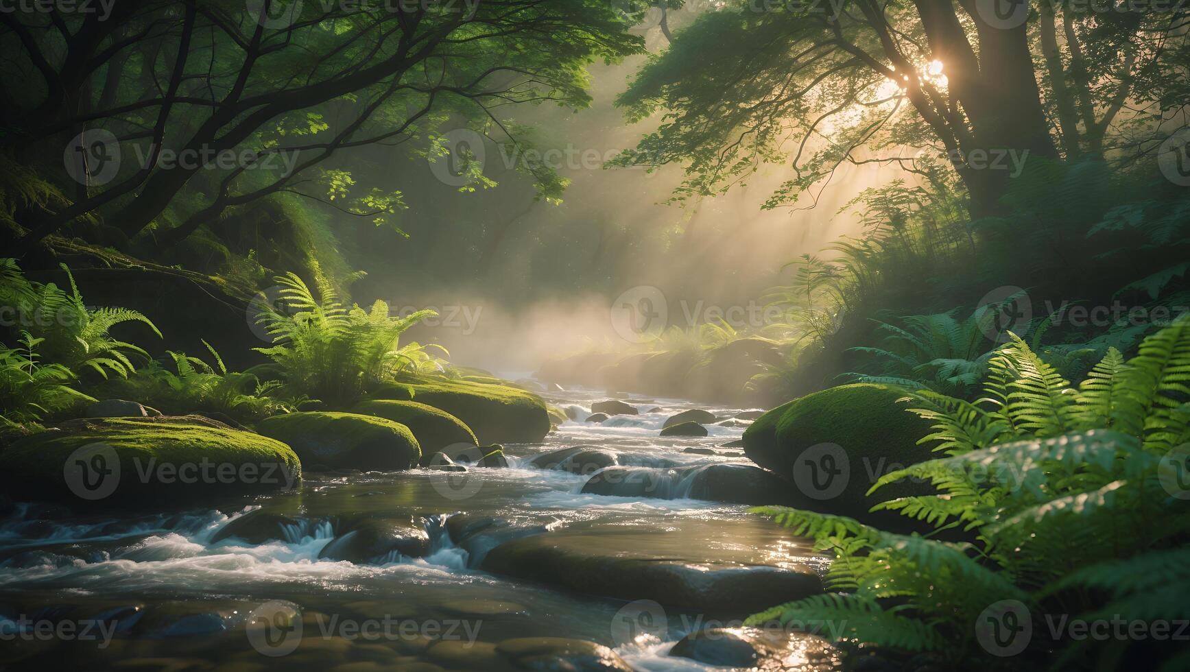 Flowing River Through Misty Forest with Sun Rays and Greenery photo