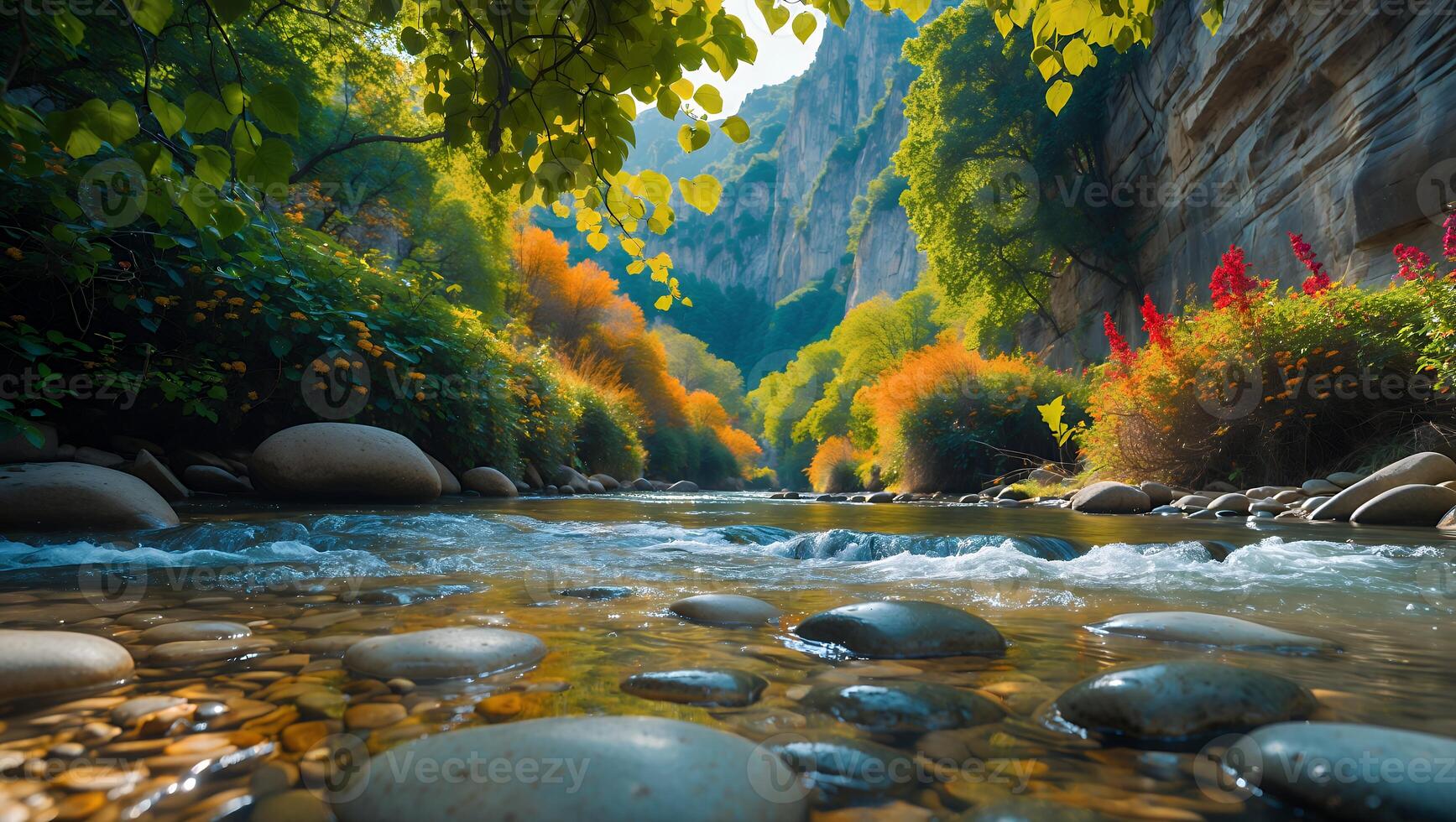 Flowing River with Rocks Through Colorful Canyon in Autumn Scenery photo