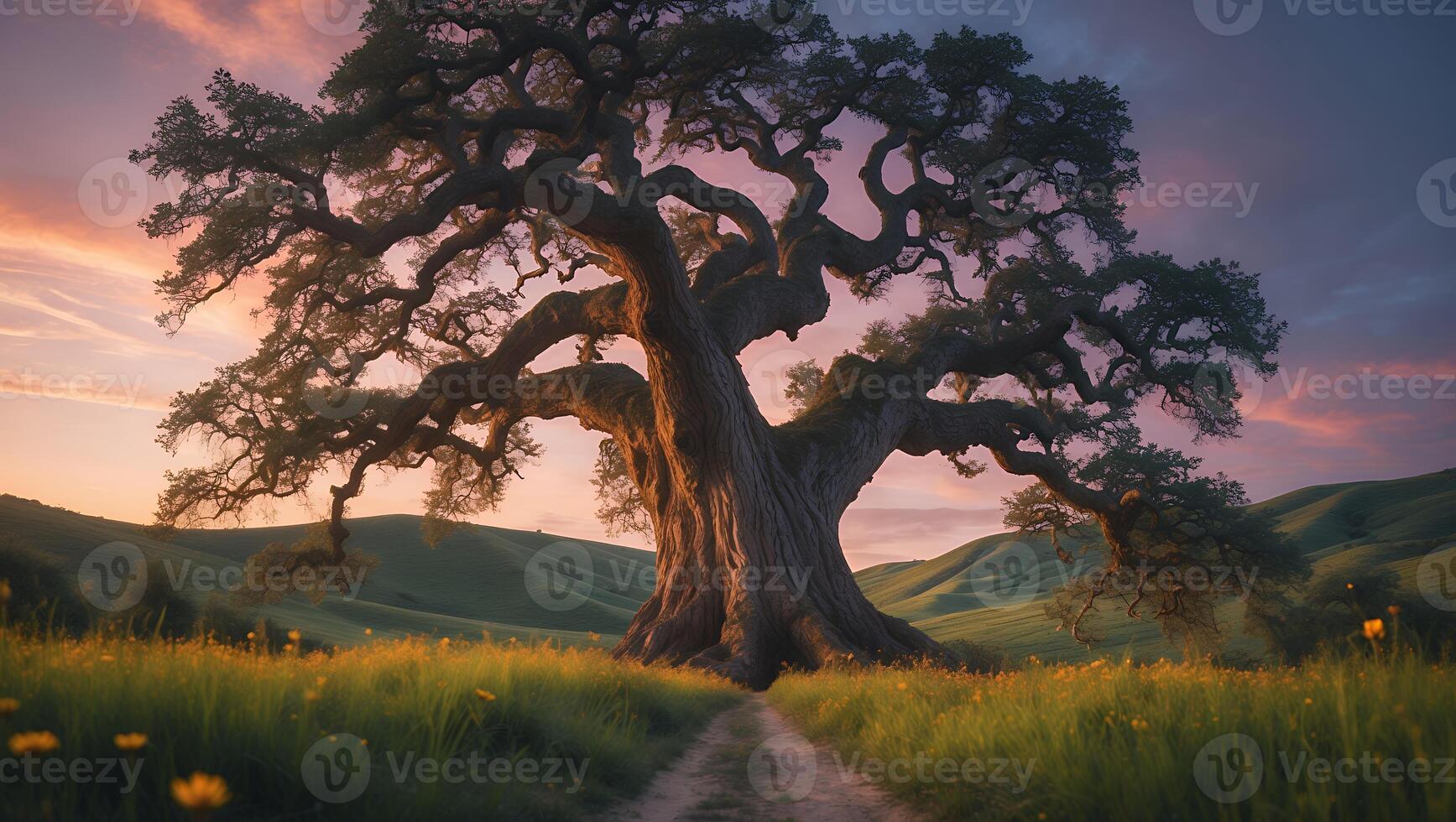 Majestic Old Tree Stands Guard Over a Winding Path at Sunset photo