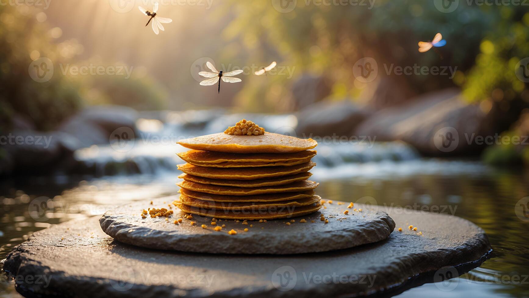 Pancake Stack with River and Dragonflies in a Serene Nature Setting photo