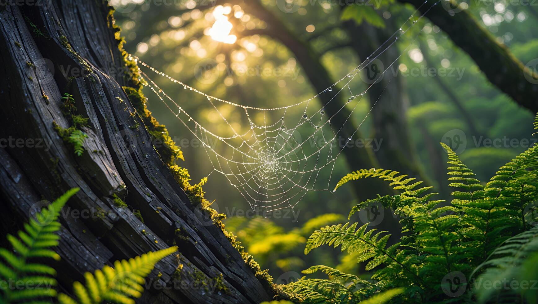 Spiderweb with Dew Drops in a Lush Forest During Sunrise photo