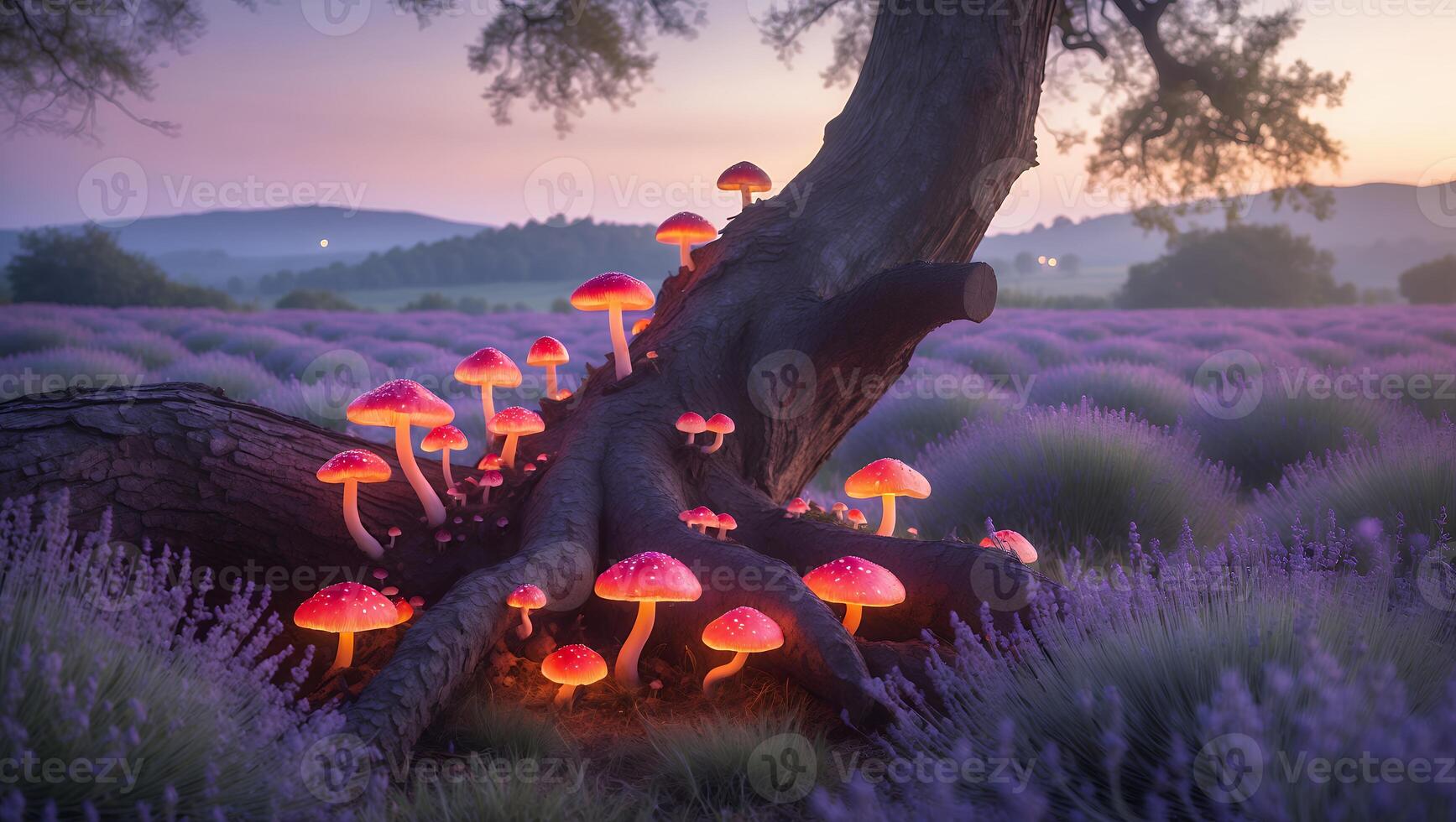 Glowing Mushrooms Growing on Tree Trunk in Lavender Field at Dusk photo