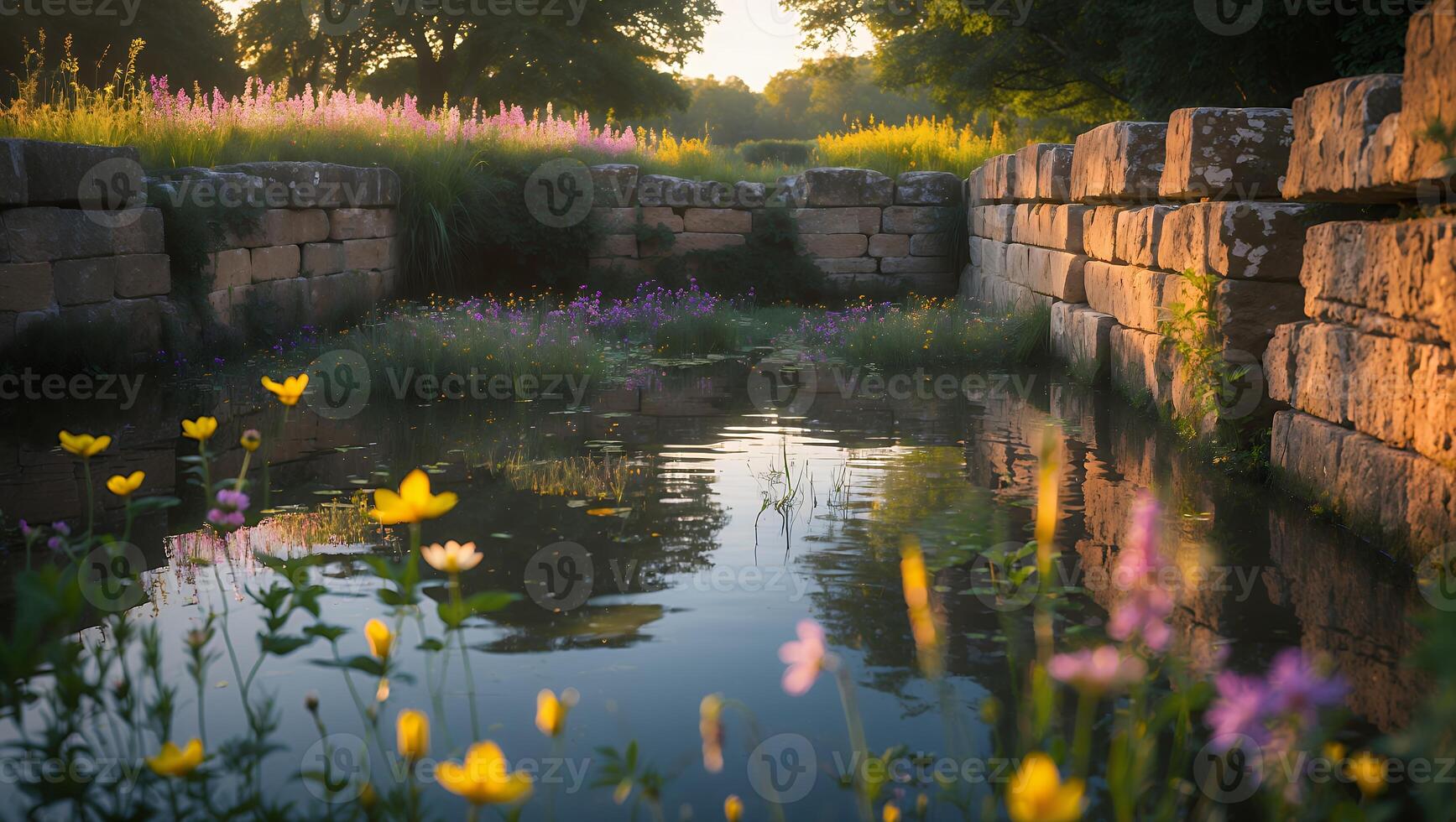 Reflective Pond Surrounded by Stone Walls and Wildflowers at Dawn photo