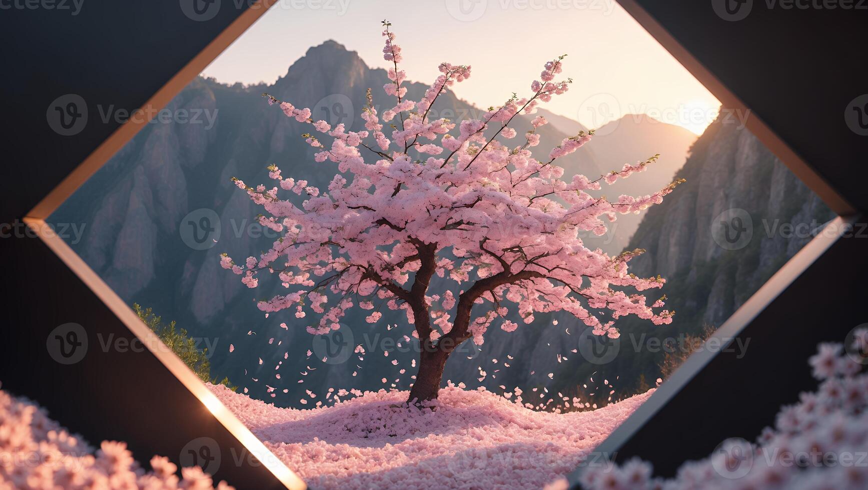 Blooming Cherry Tree with Petals Falling Mountains and Sunset View photo