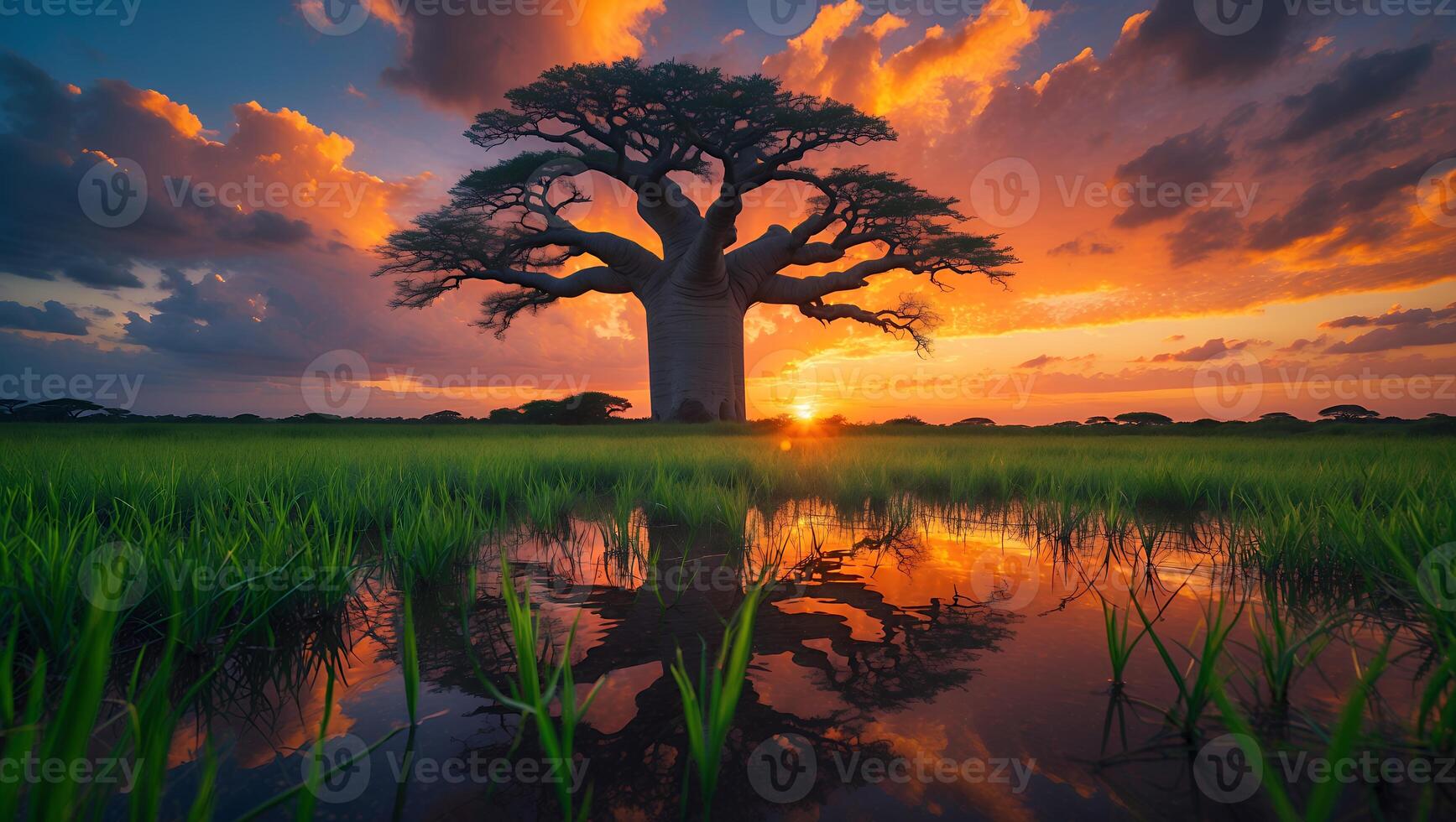Solitary Tree Reflecting in Water at Dusk with Fiery Sky photo