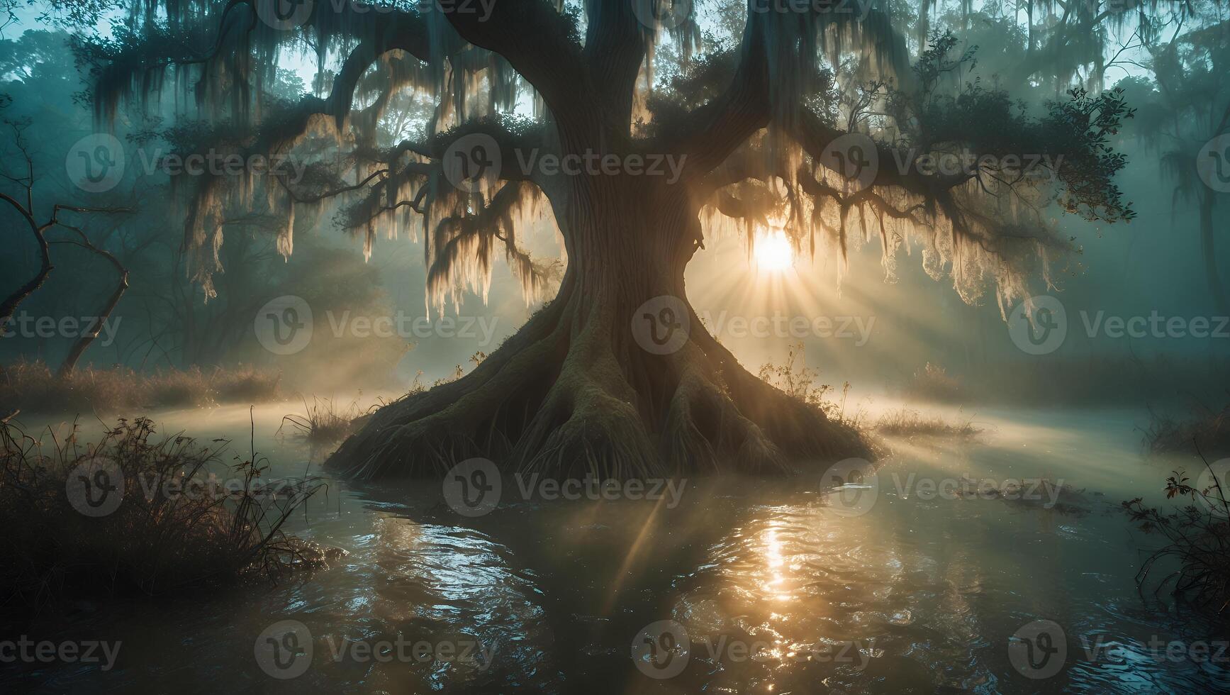 Standing Tree in Swamp Water with Sunlight Shining Through Branches photo