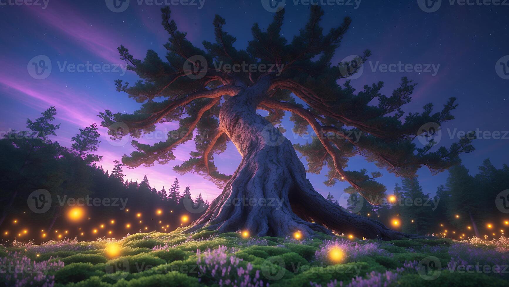Majestic Tree Standing Tall in Enchanted Meadow at Twilight photo