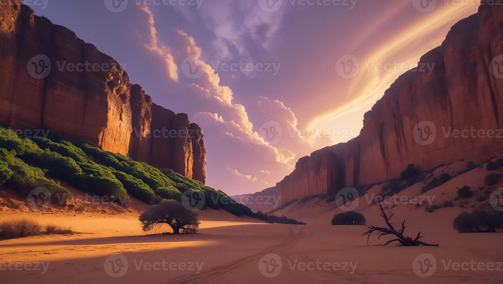 Desert Canyon Landscape with Dramatic Sky and Eroded Sandstone Cliffs photo