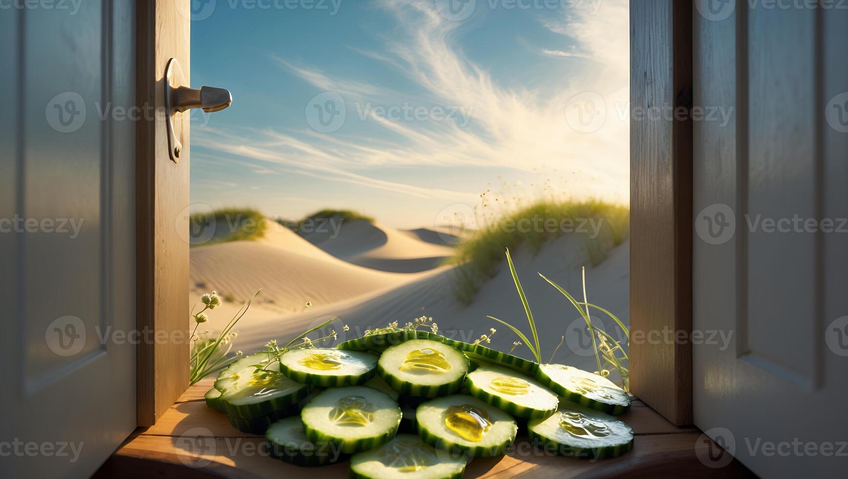 Cucumber Slices with Olive Oil Through Open Door to Sand Dunes photo