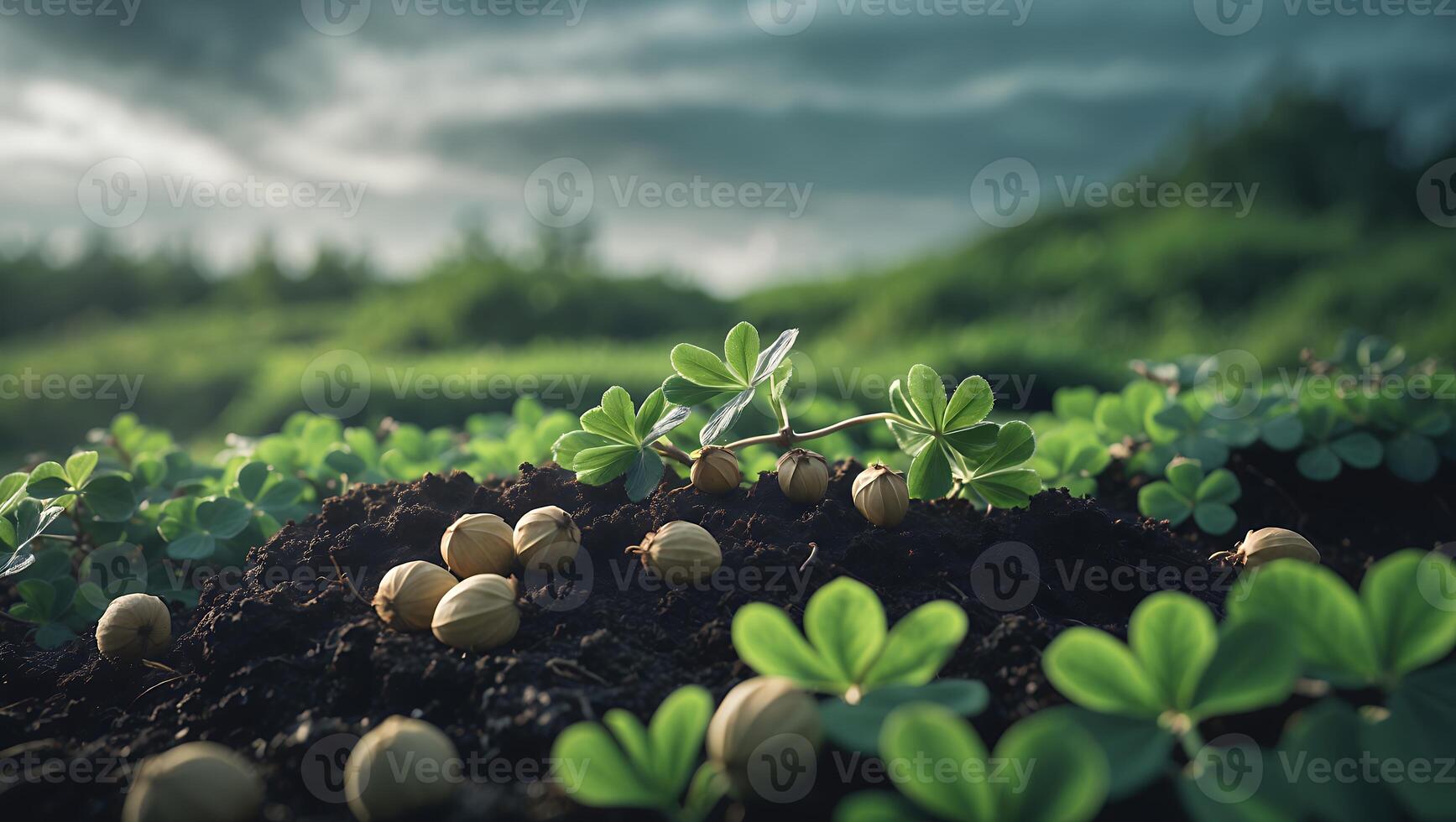 Planting Seeds in Fertile Soil with Green Clover Field Background photo