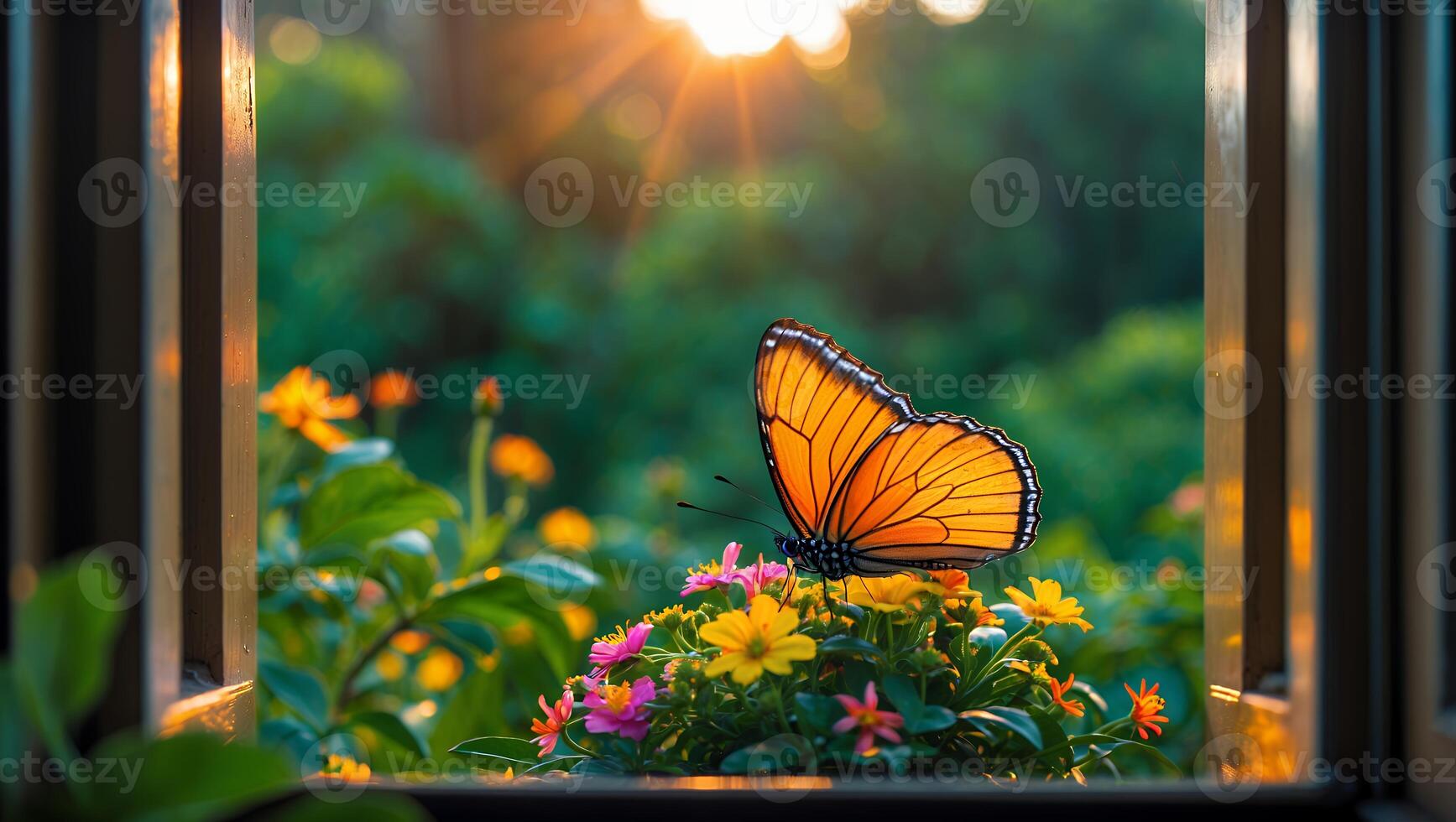Butterfly Resting on Flowers with Sunlight Streaming Through Window Frame photo