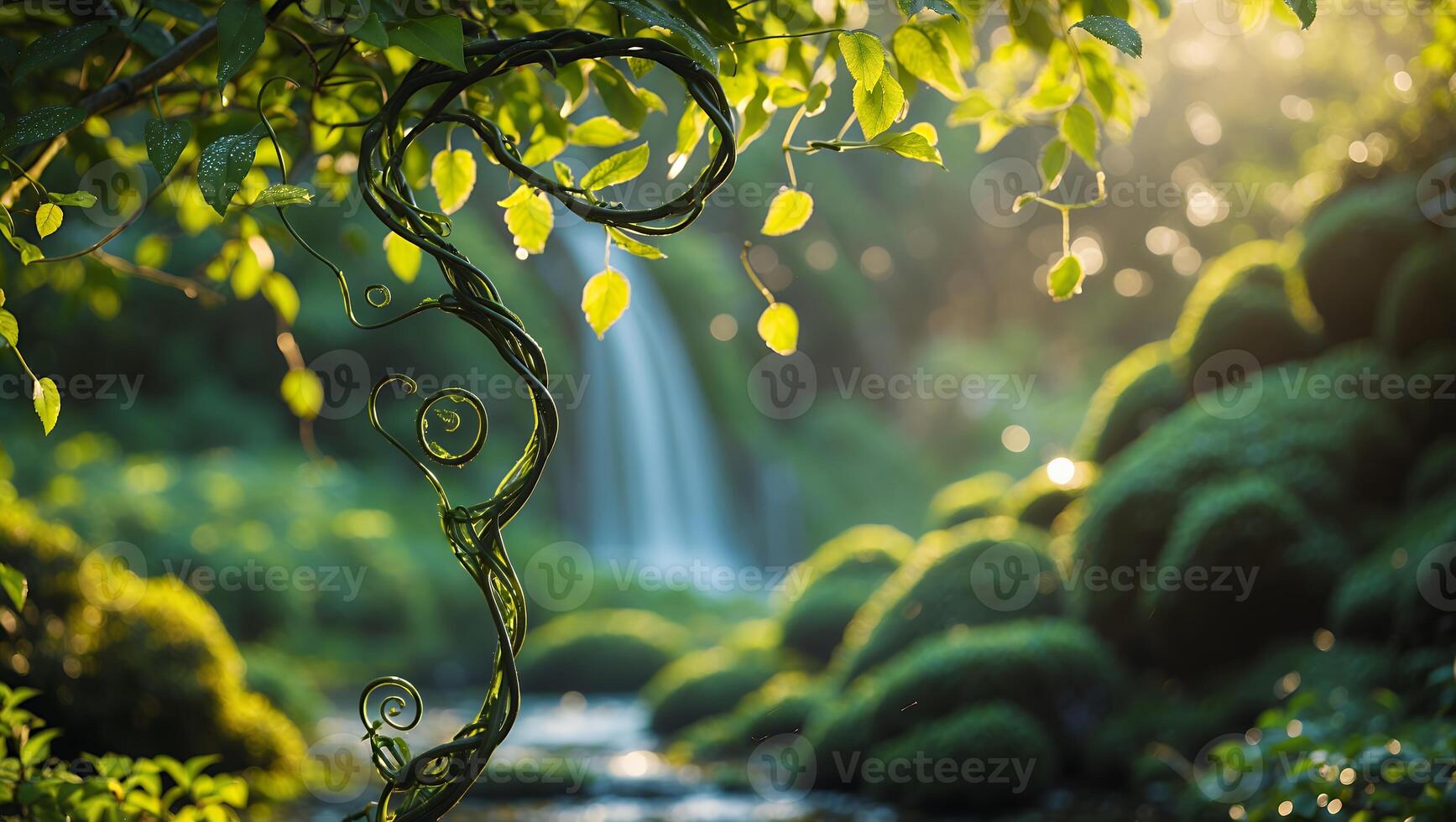 Lush Green Vine with Leaves by Waterfall in Peaceful Nature Setting photo