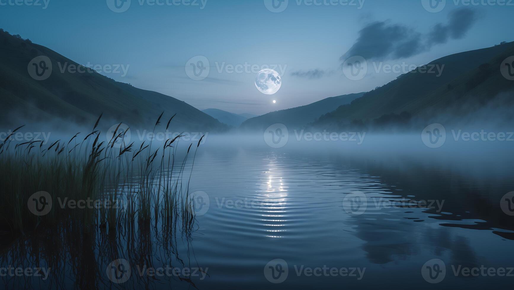 Lake at Night with Fog and Full Moon Reflecting on Water photo