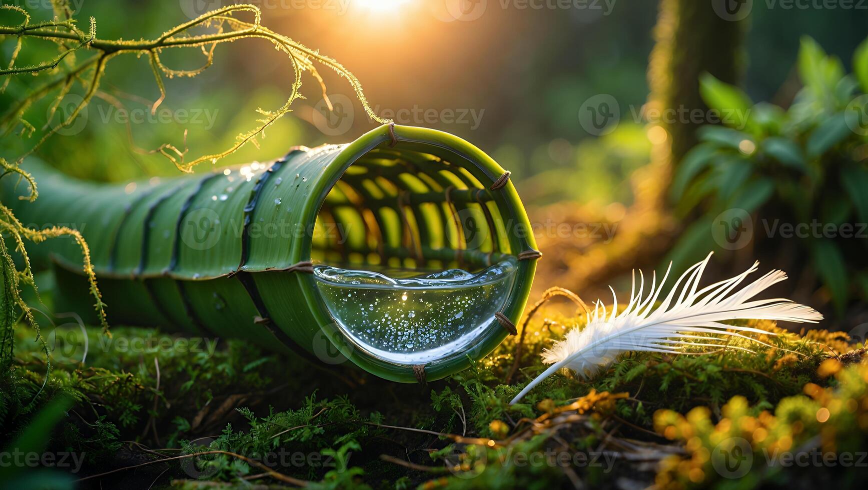 Water Contained in Bamboo Structure with Feather in Forest Setting photo