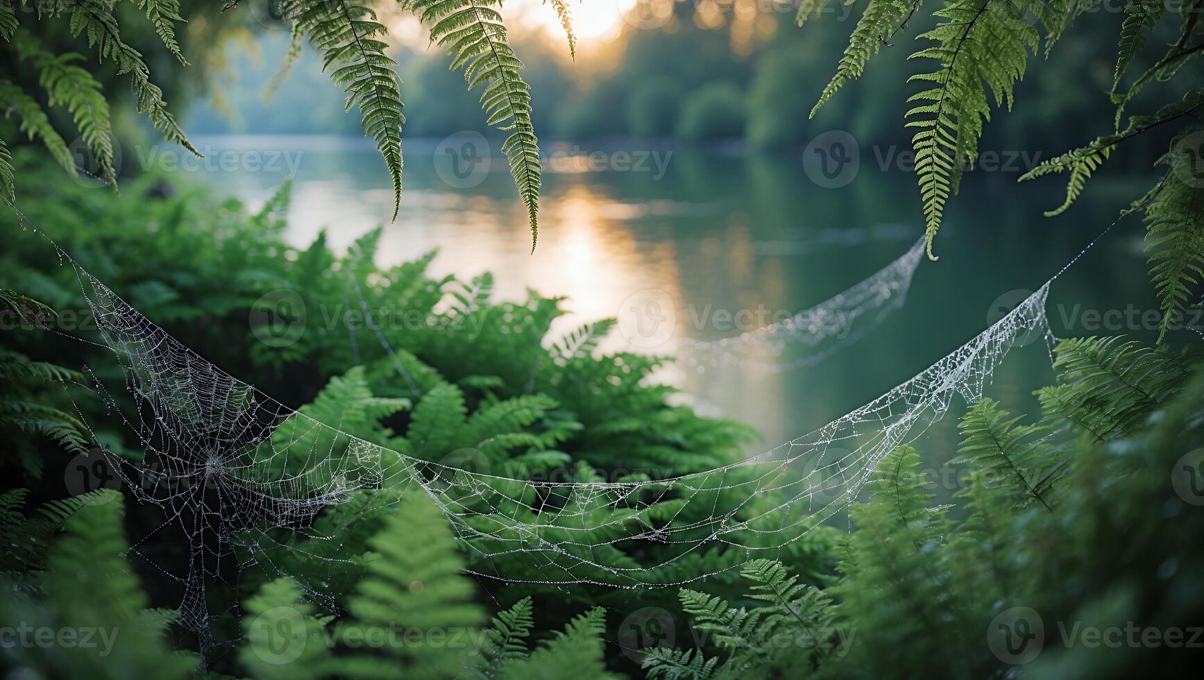 Dewy Spiderweb Hanging Among Ferns Near Still Lake at Sunrise photo
