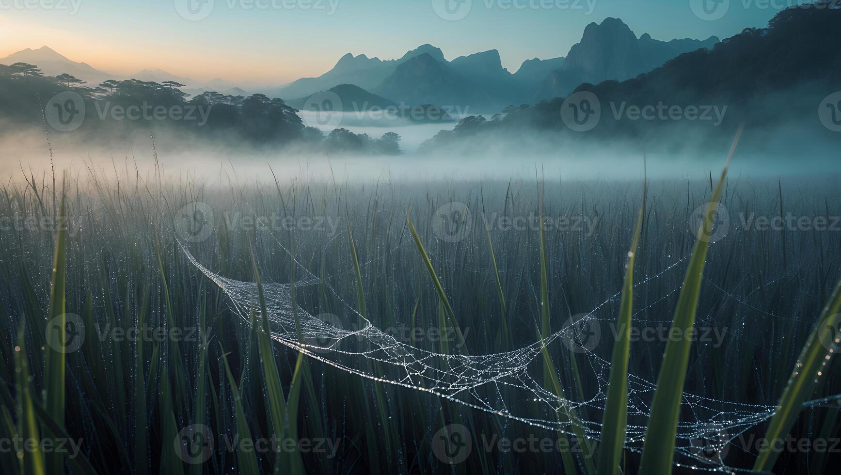 Spiderweb Glistens in Morning Dew Over Field with Distant Mountains photo