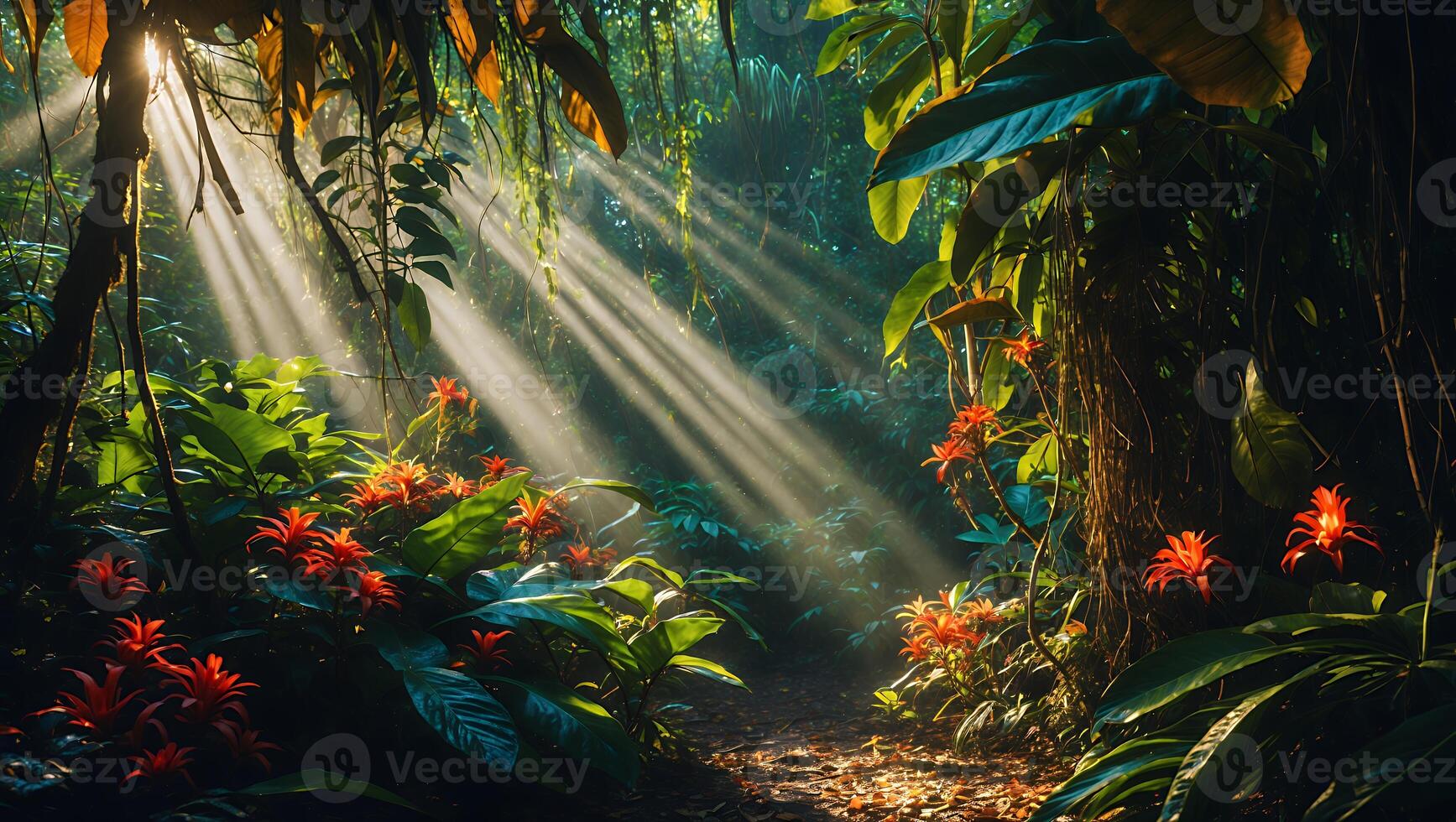 Sunbeams Illuminate Lush Foliage and Red Flowers in Tropical Forest photo