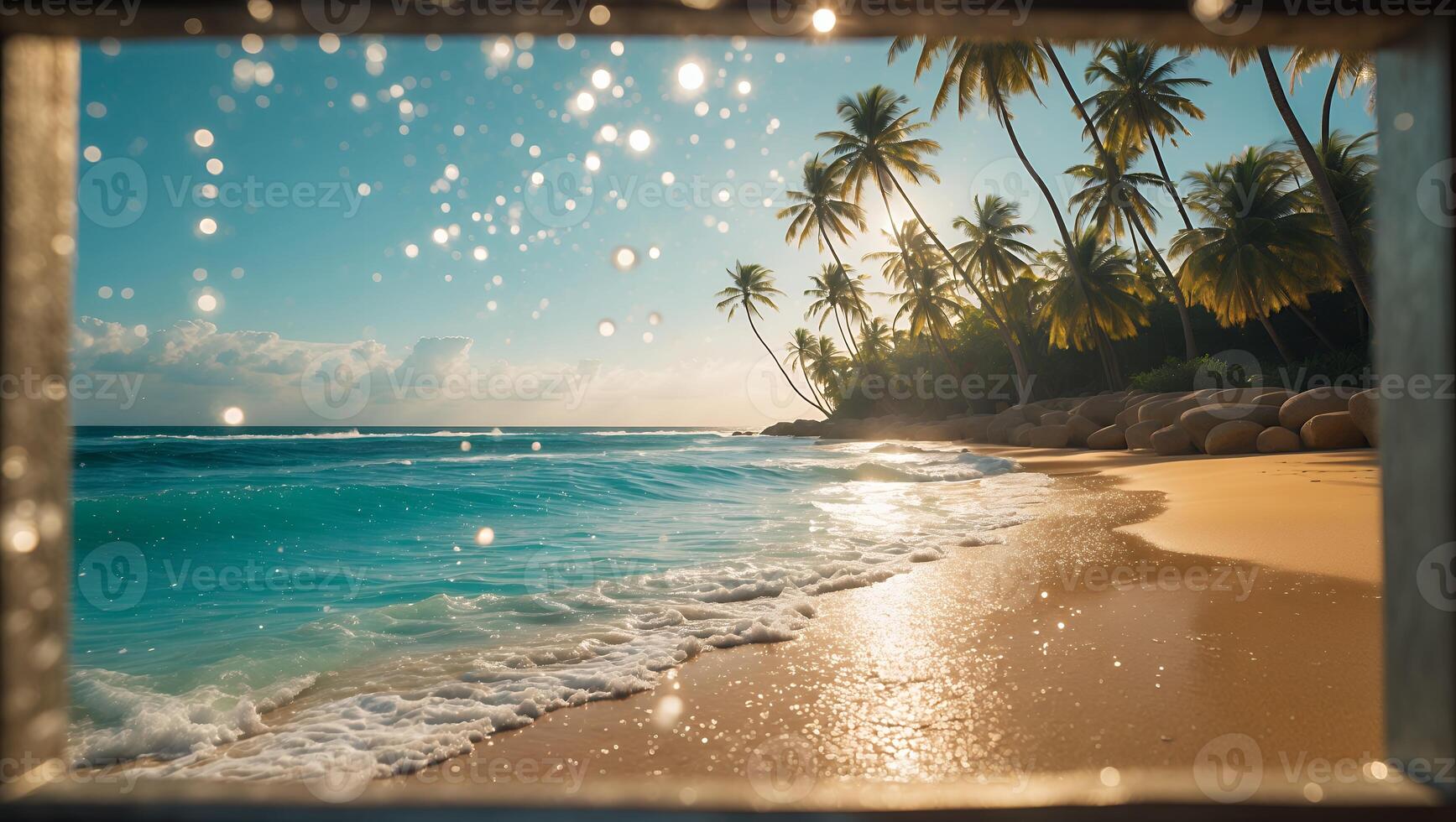 Tropical Beach Scene Through Window with Palm Trees and Ocean Waves photo