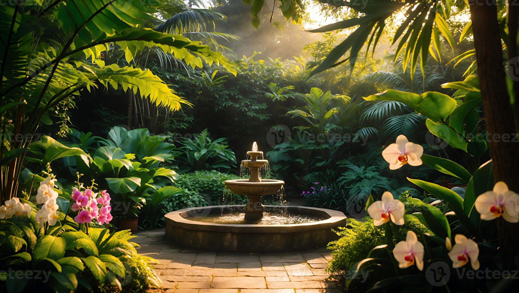 Water Fountain in Lush Garden with Sunlight and Tropical Plants photo