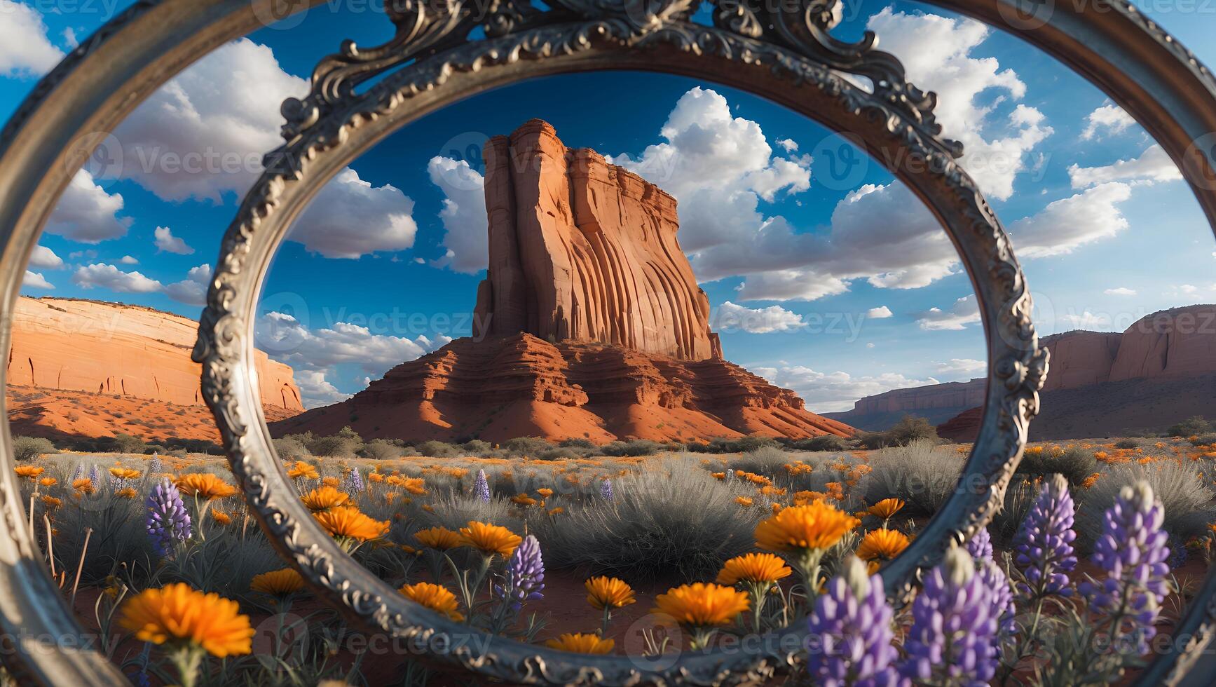 Framed Desert Buttes Landscape with Wildflowers and Cloudy Blue Sky photo