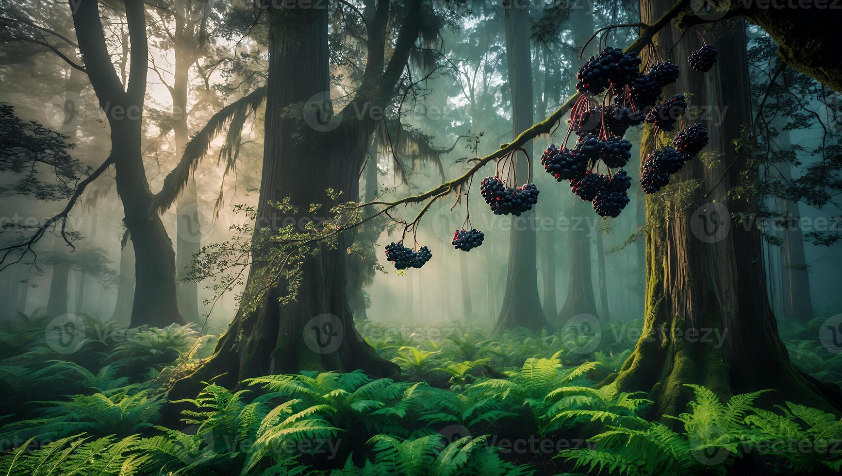 Walking Through Mysterious Foggy Forest with Berries and Green Ferns photo