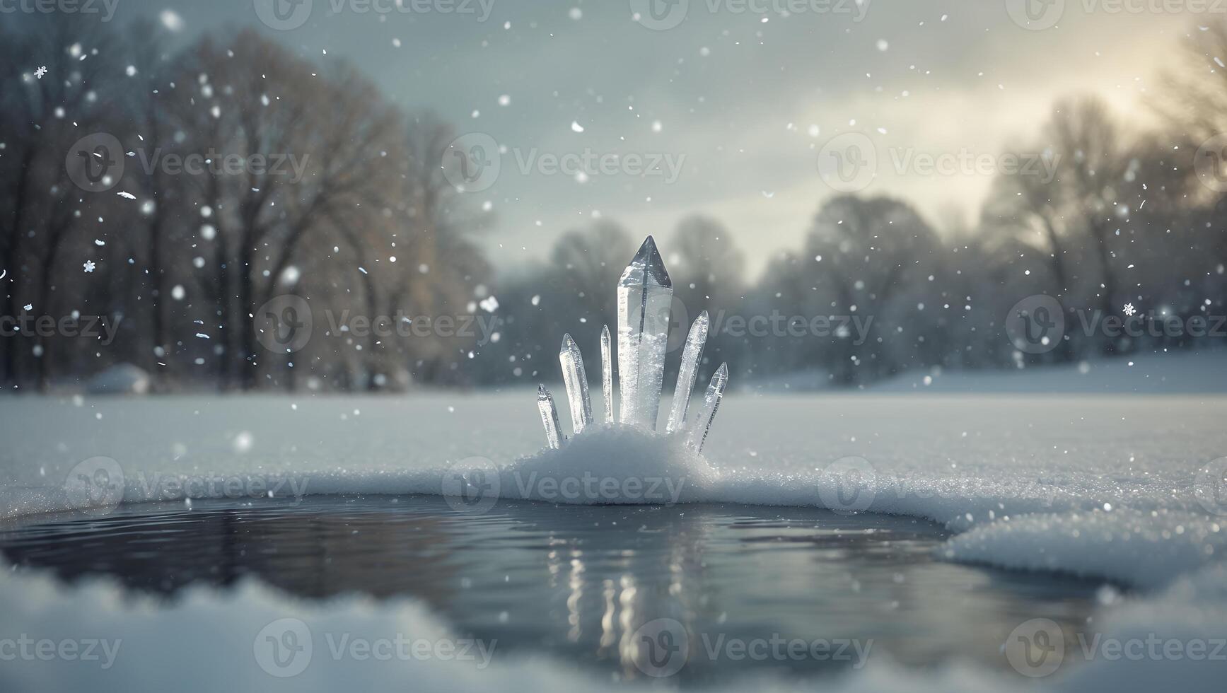 Crystals Emerging From Winter Pond Snow Falling in Quiet Scene photo