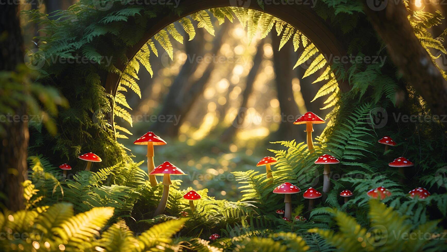 Mushroom Patch and Ferns in Forest with Sunlight Streaming Through photo