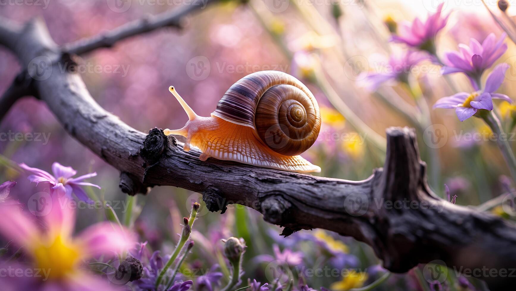 Snail Crawling on a Branch Surrounded by Colorful Flowers in Meadow photo