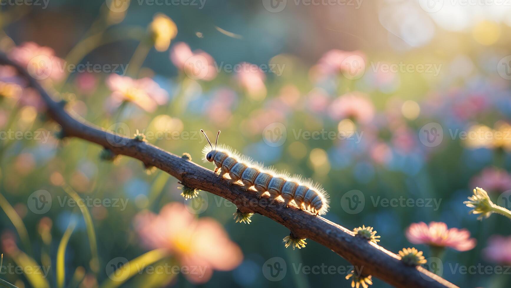 Caterpillar Walking on Branch in Sunny Flower Field photo