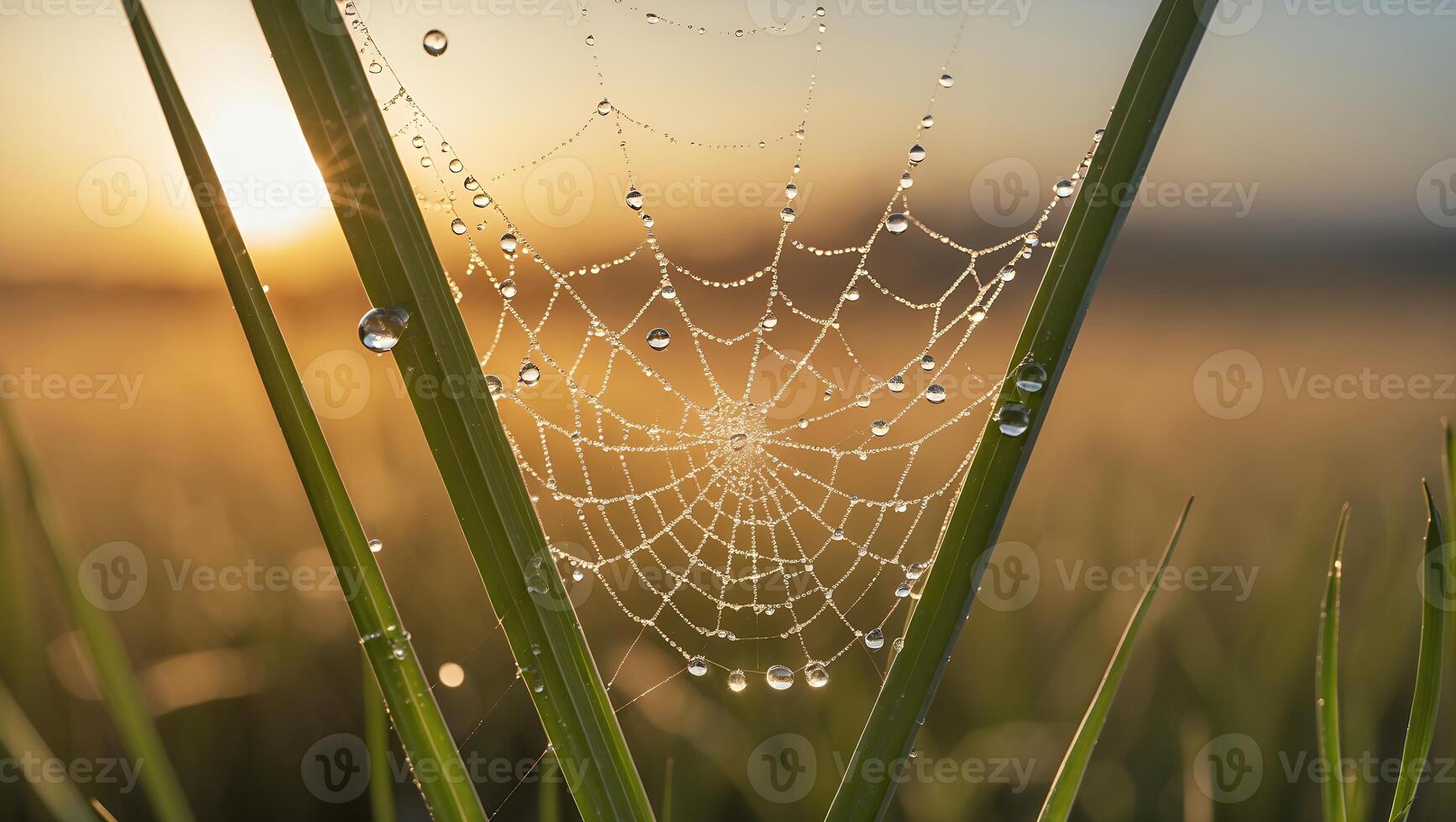 Spiderweb with Dew Drops on Grass at Golden Hour Sunlight photo