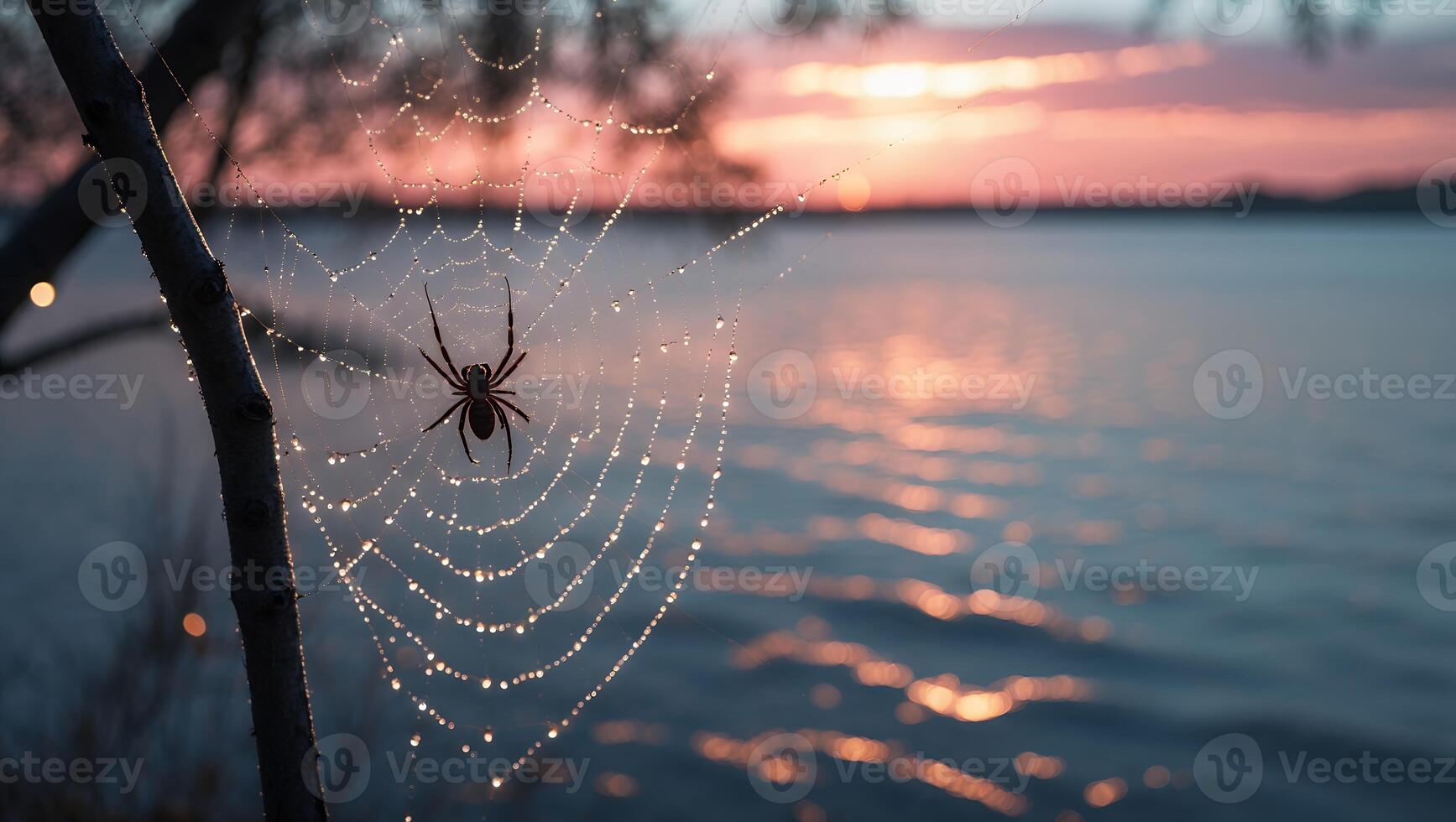Spider Resting on Dew Covered Web by a Lake at Sunset photo