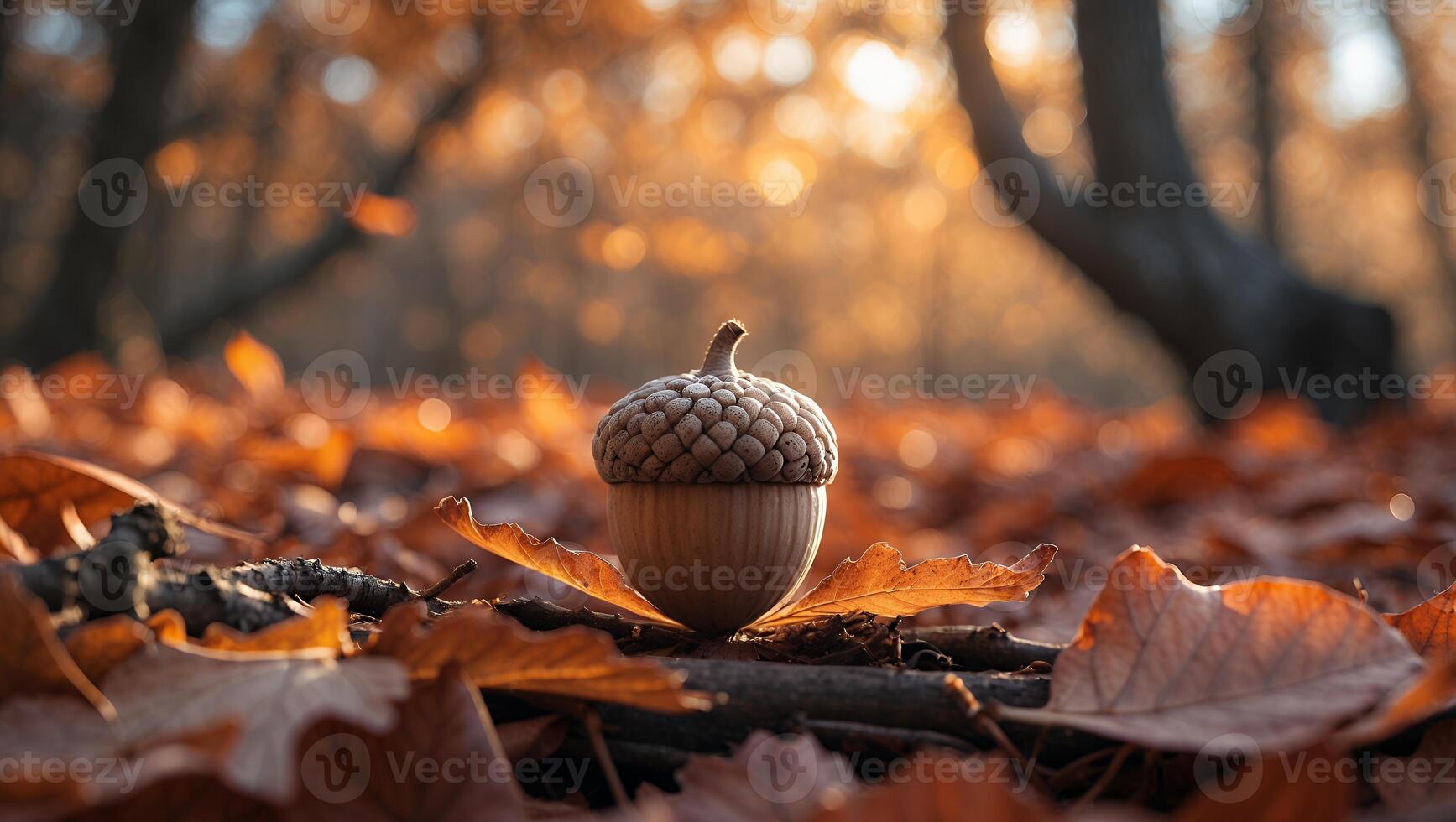Acorn Resting on Fallen Leaves in Warm Autumnal Forest Light photo