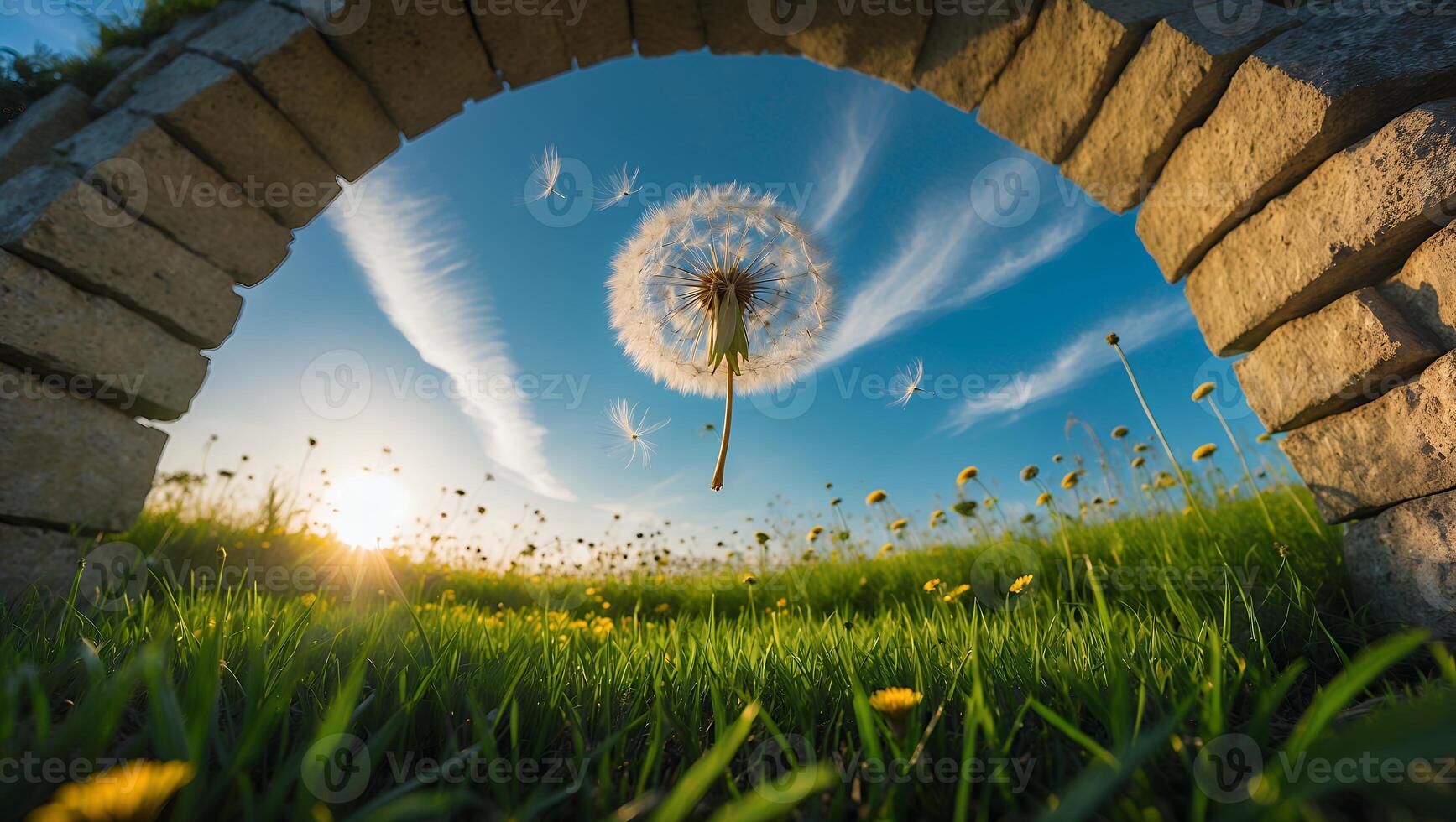 Dandelion Seeds Floating in Field Viewed Through Stone Archway photo