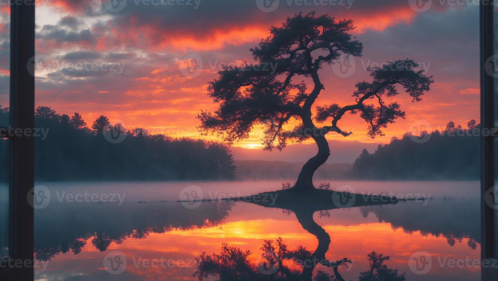 Scenic Lake Landscape with Tree and Fiery Sunset Reflection Seen Through Window photo