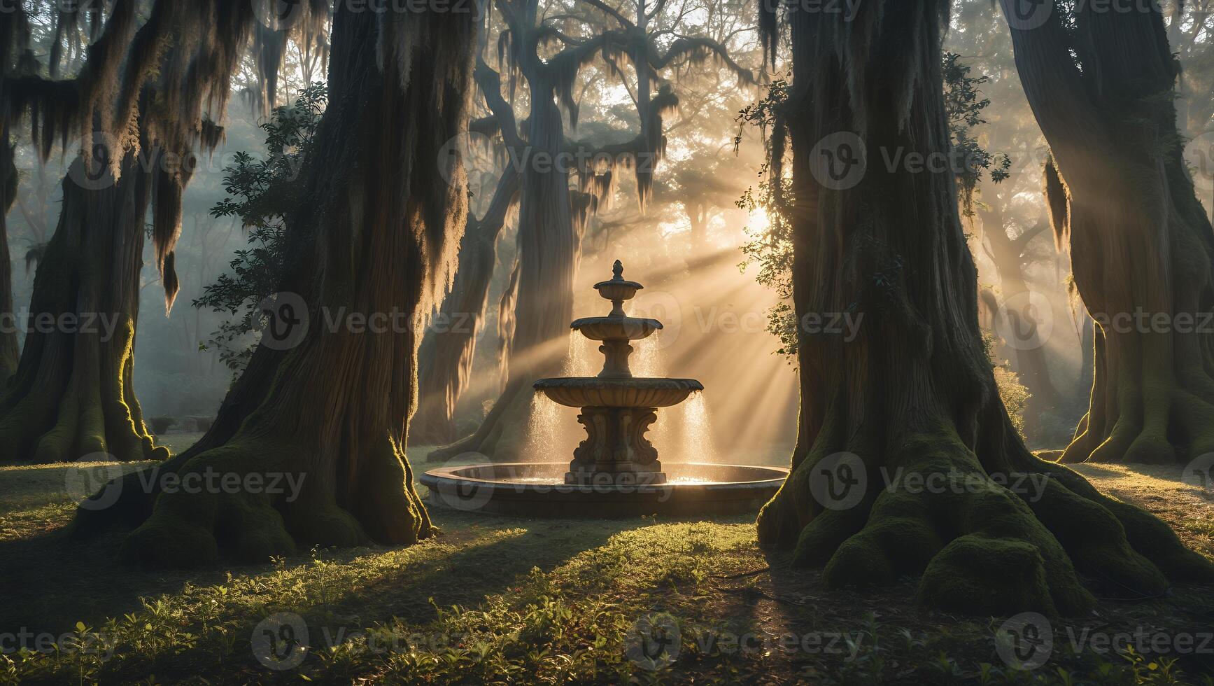 Water Fountain Flowing in Forest with Sun Rays and Mossy Trees photo