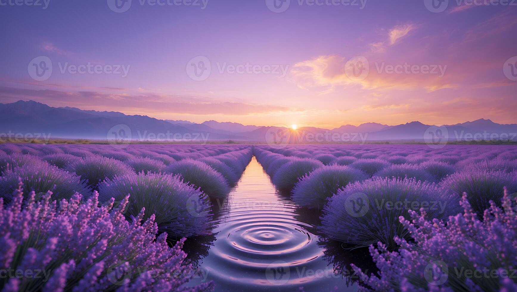 Lavender Field with Water Reflecting Sunset Sky and Distant Mountains photo