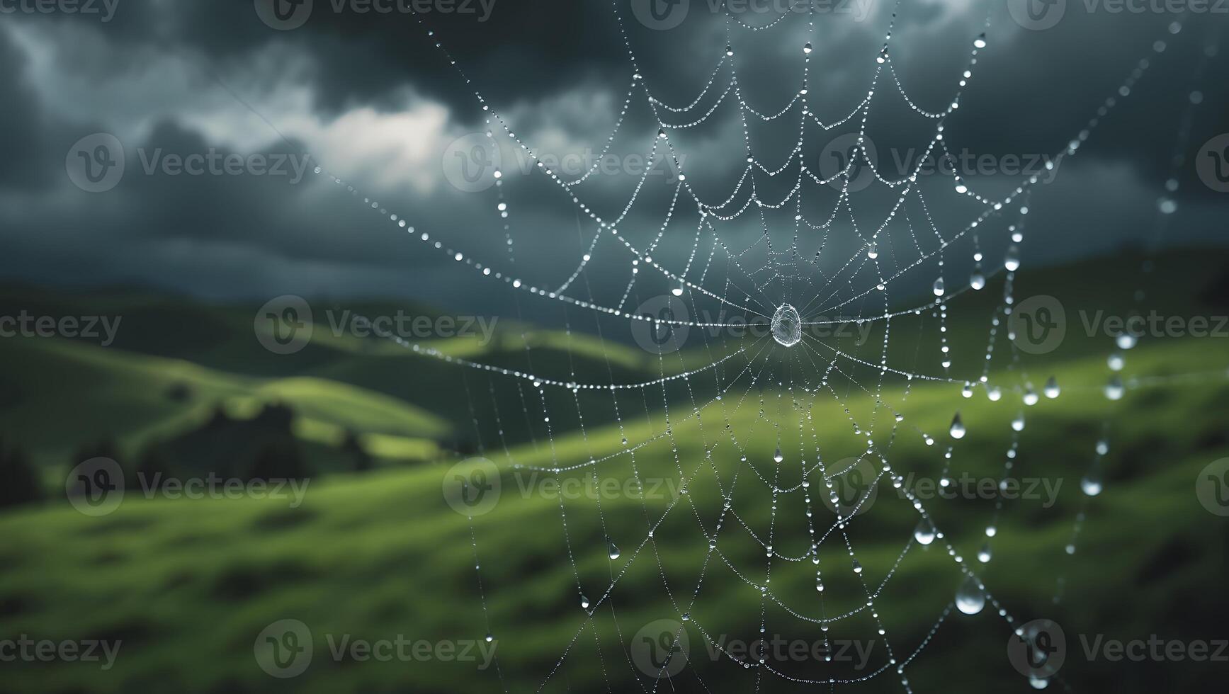 Dew Drops on Spiderweb with Green Hills and Cloudy Sky photo