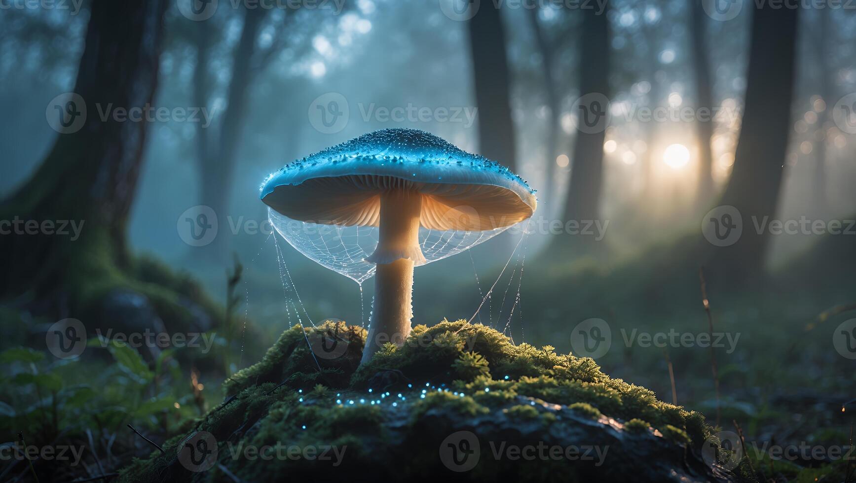 Glowing Mushroom in Forest with Moss and Spiderweb at Sunrise photo