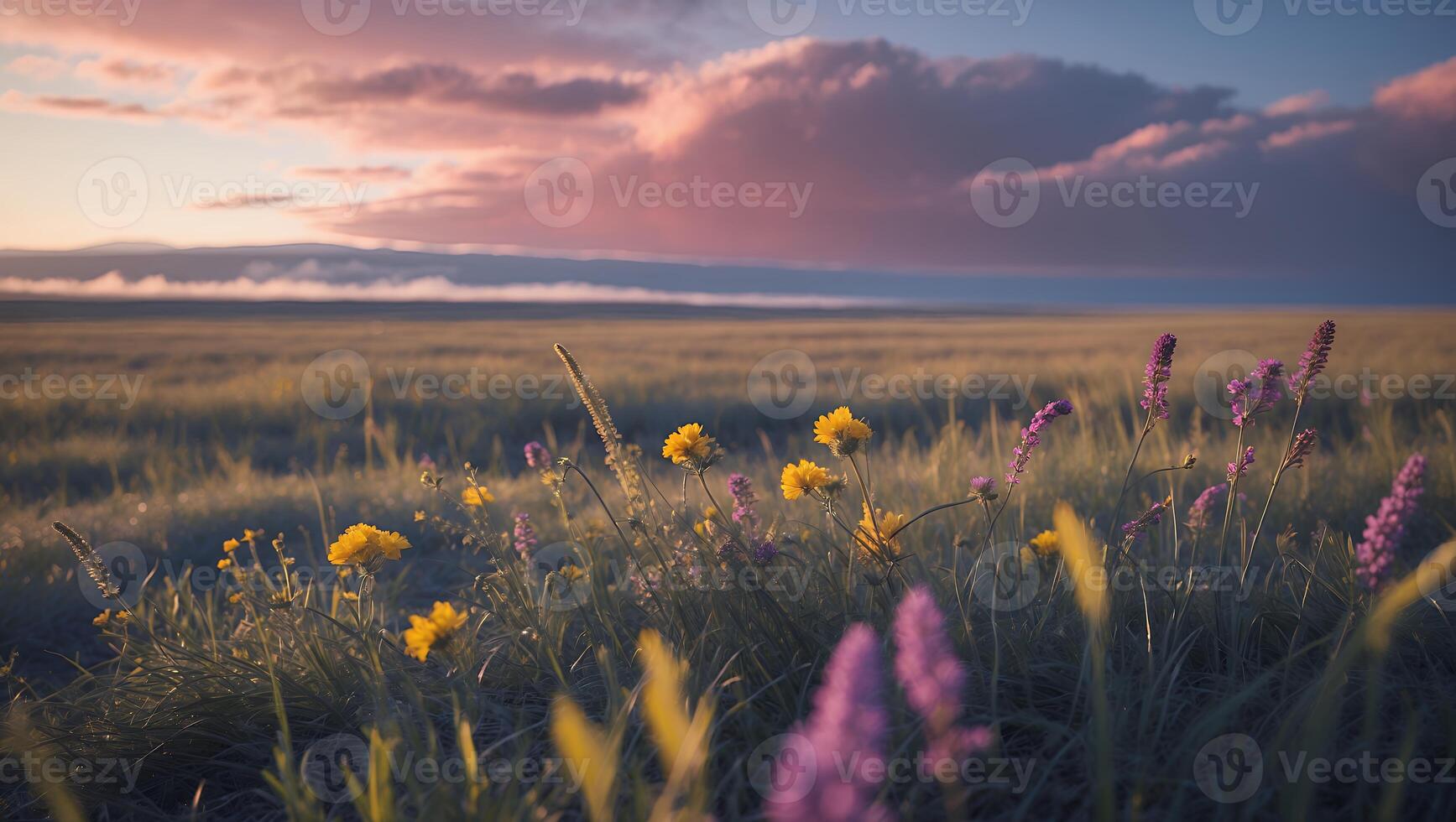 Wildflower Meadow at Dusk with Dramatic Clouds and Golden Light photo