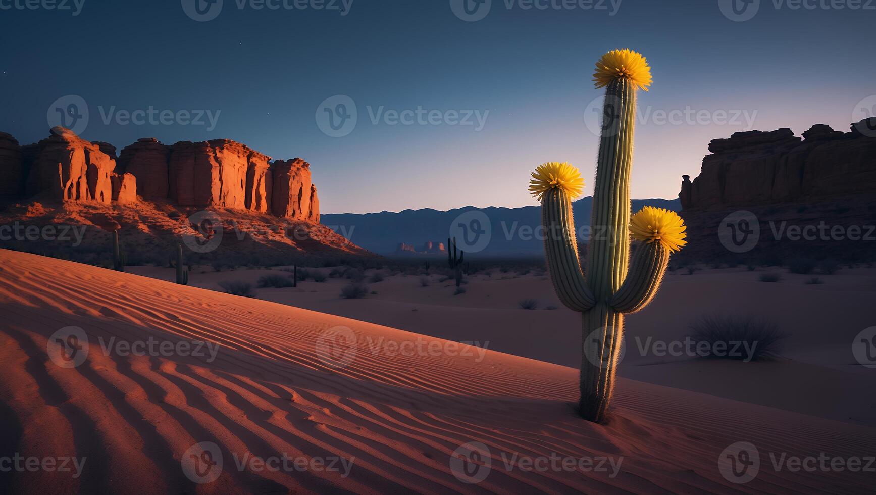 Cactus Blooms in Desert Landscape at Sunset with Sand Dunes photo