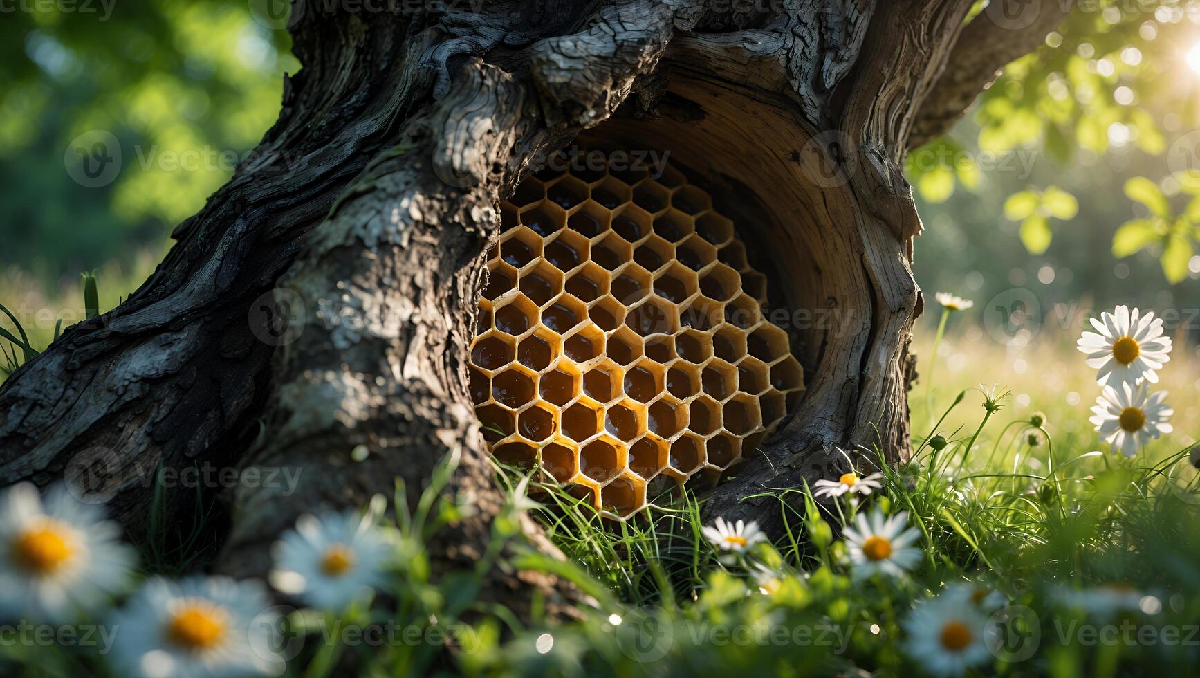 Honeycomb Inside a Tree Trunk with Daisies in Lush Green Meadow photo