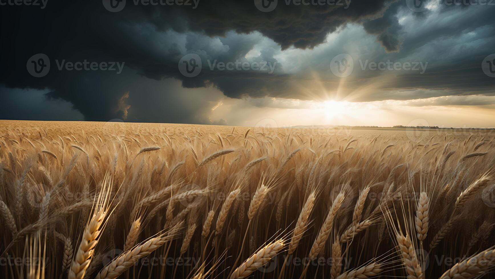 Wheat Field at Sunset Under Dramatic Cloudy Sky Before the Rain photo
