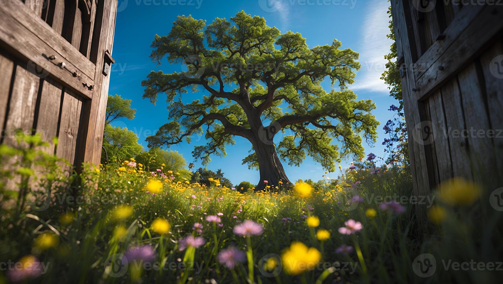 Standing Underneath a Majestic Tree in a Meadow Through Wooden Door photo