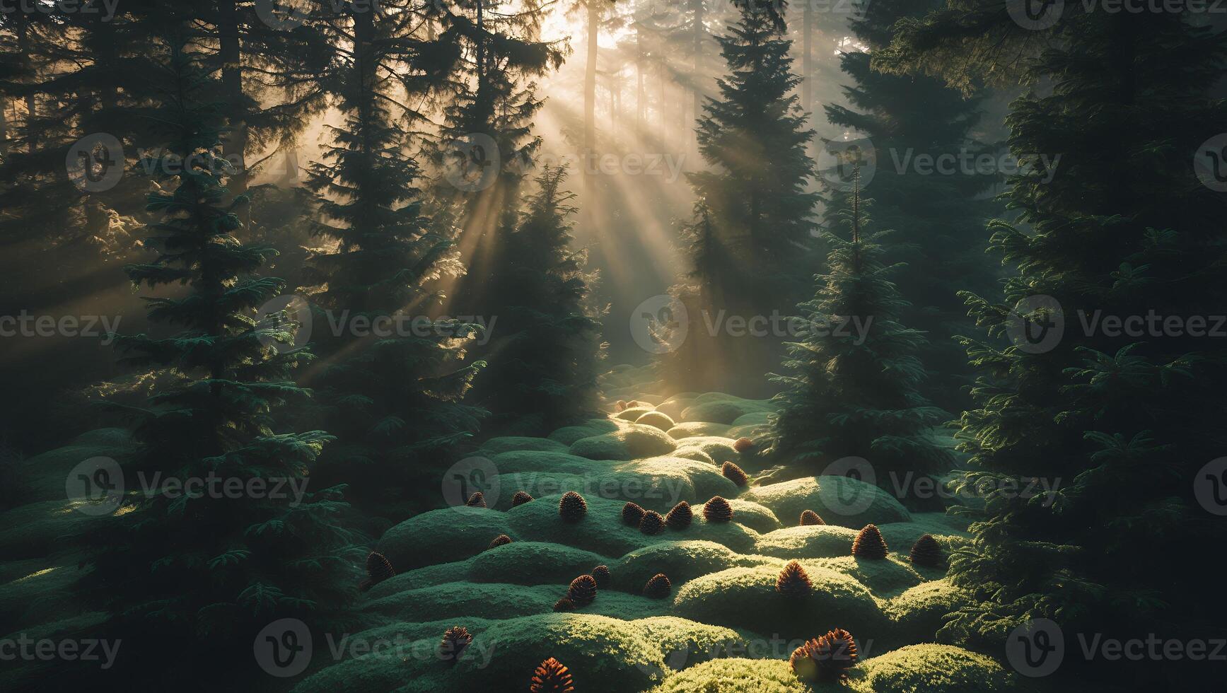 Sun Rays Through Forest Trees Illuminating Mossy Ground at Dawn photo
