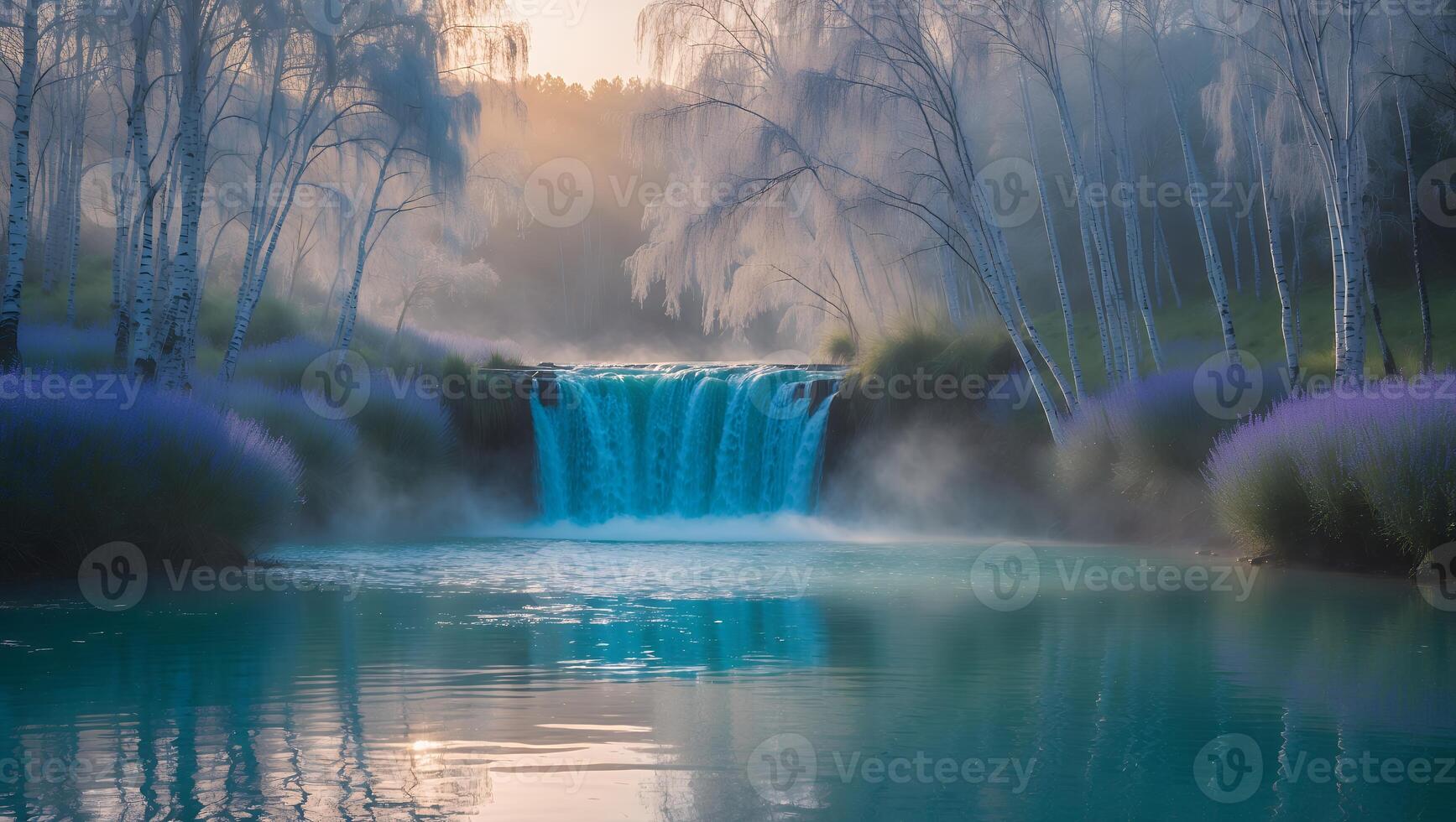 Small Waterfall in Misty Forest with Lavender and Water Reflection photo