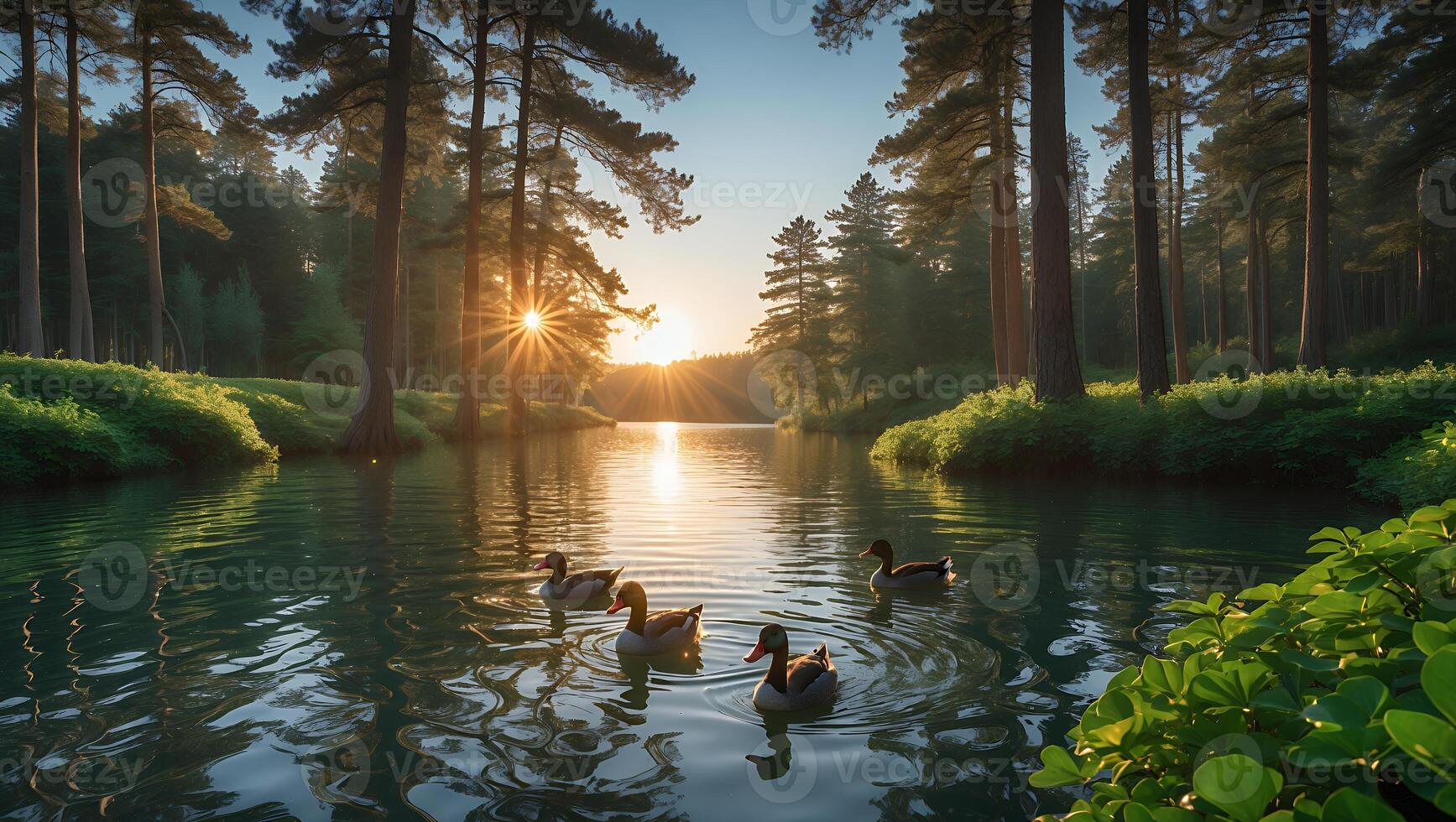 Ducks Swimming in Calm Lake at Sunrise Surrounded by Trees photo