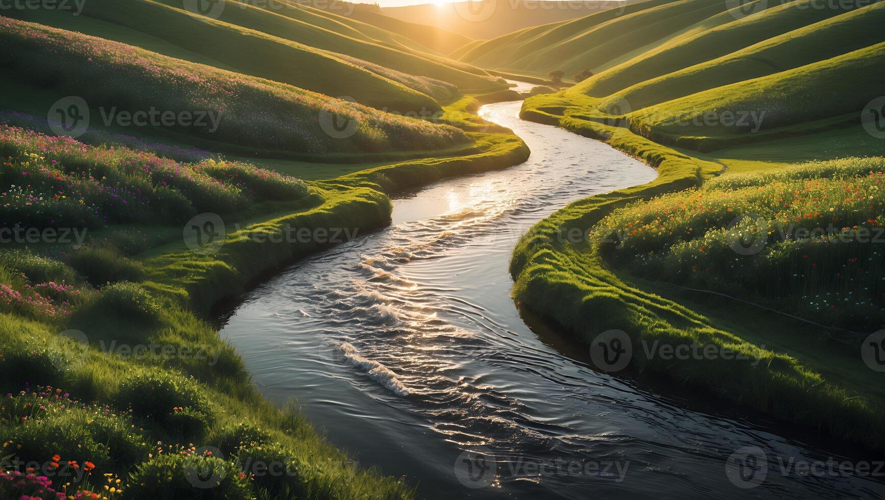 River Flowing Through Green Hillsides with Wildflowers at Sunset photo