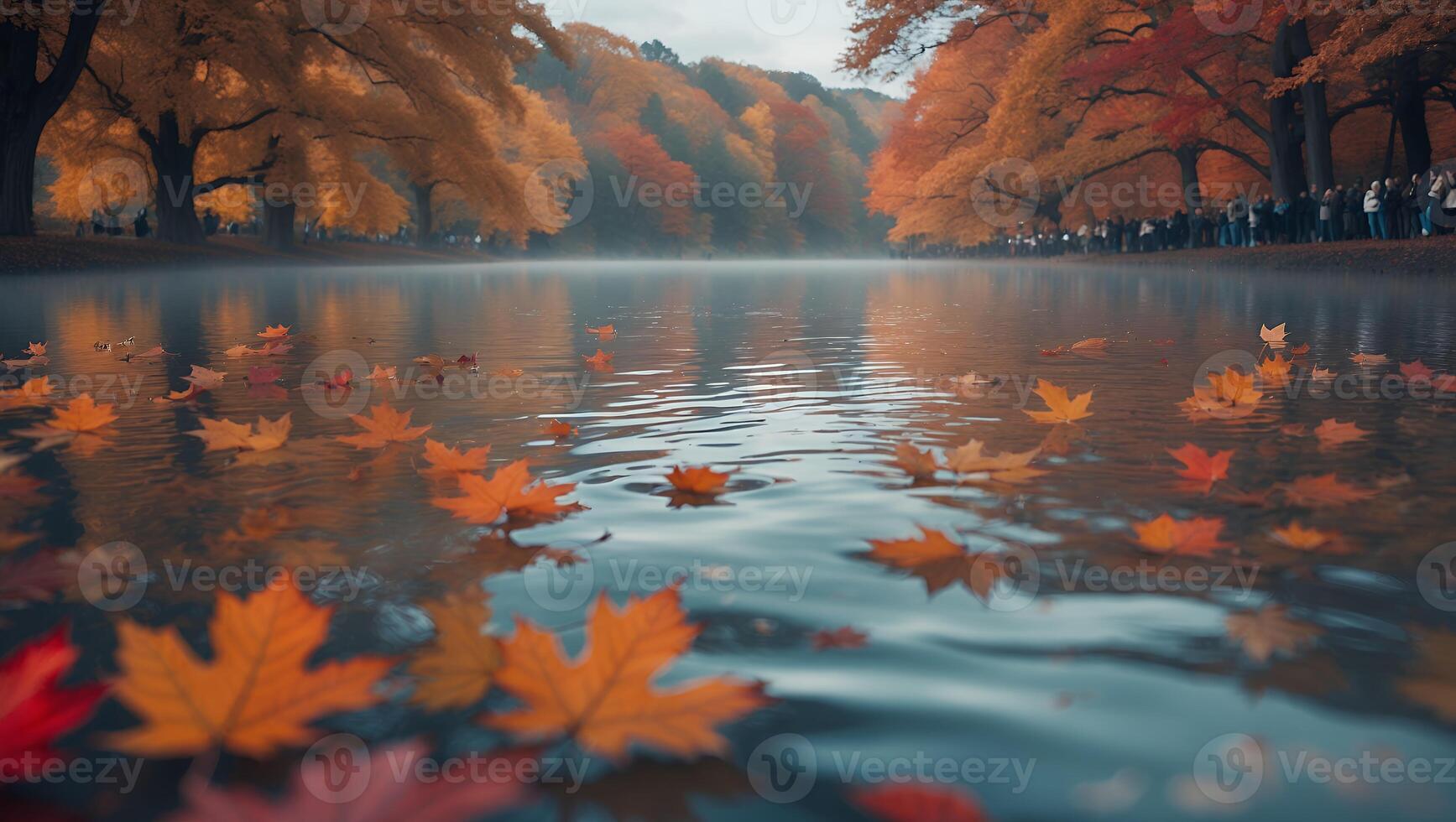 Autumn Leaves Floating on Calm Lake Water with Forest Reflection photo